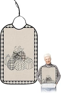 Kewadony Adult Bibs for Elderly Women - Thanksgiving Waterproof Dining Clothing Protectors with Crumb Catcher for Eating/Feeding, Black Line Hand Draw Pumpkins Plaid Burlap Fall Terry Cloth Bib