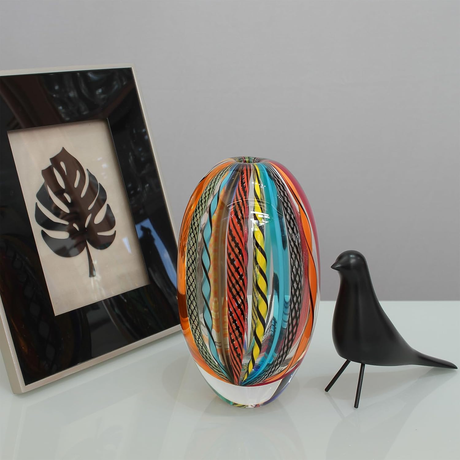 Ca D Oro Small Glass Vase Boho with Colored Canes Hand Blown Murano-Style Art Glass - Model Oval - Image 3