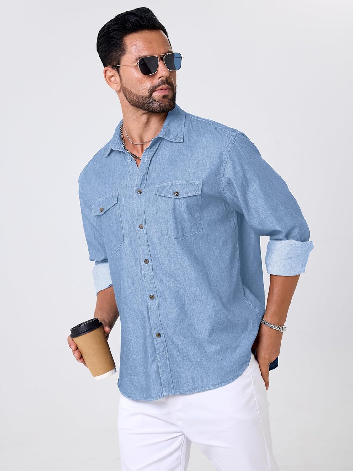 Mens Button Up Shirts Long Sleeve Button Down Shirts with Two Pockets Work Shirts for Men - Image 4