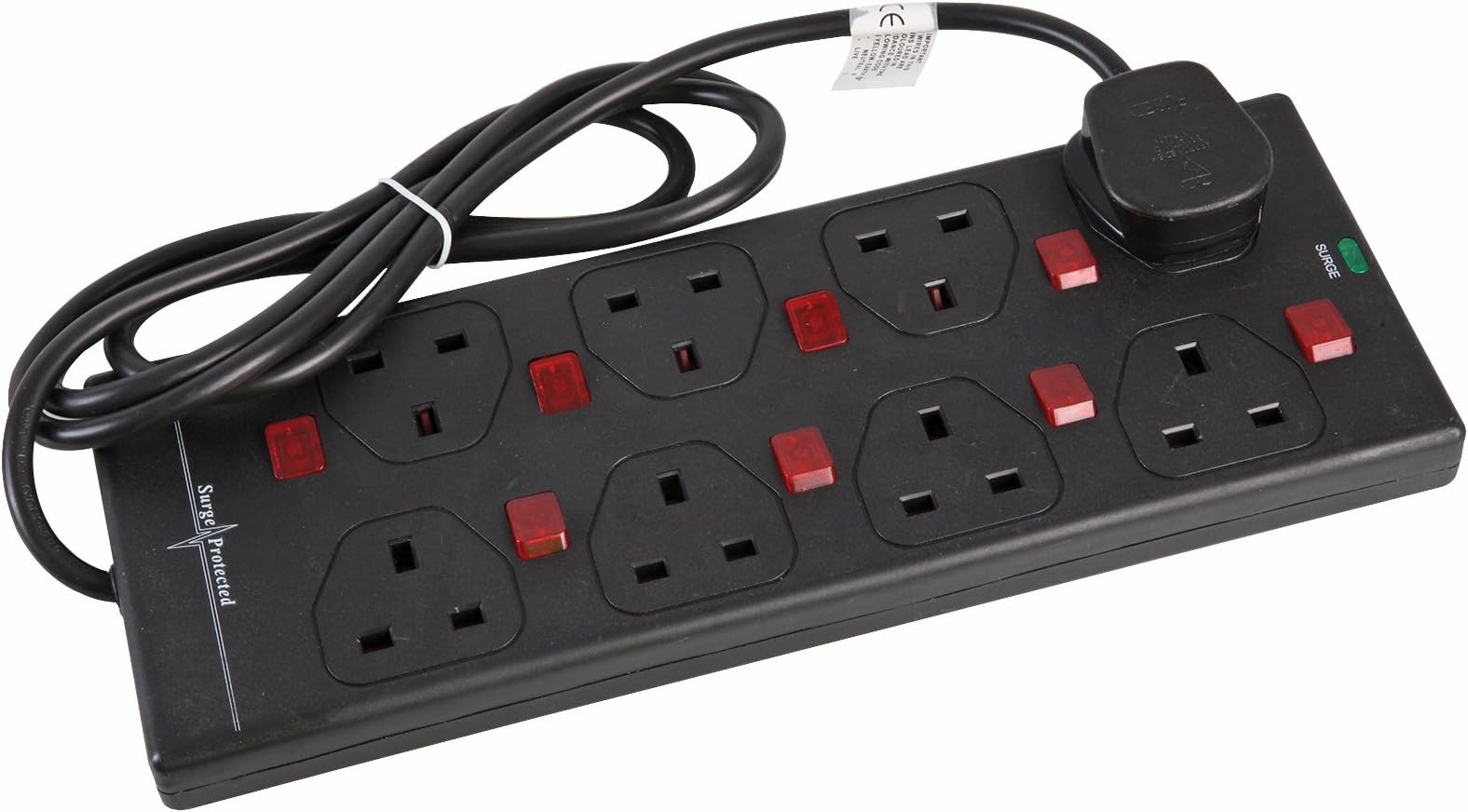 pro elec 5 m 8 Way 8 Gang Surge Protected Switched Neon Extension Lead - Black