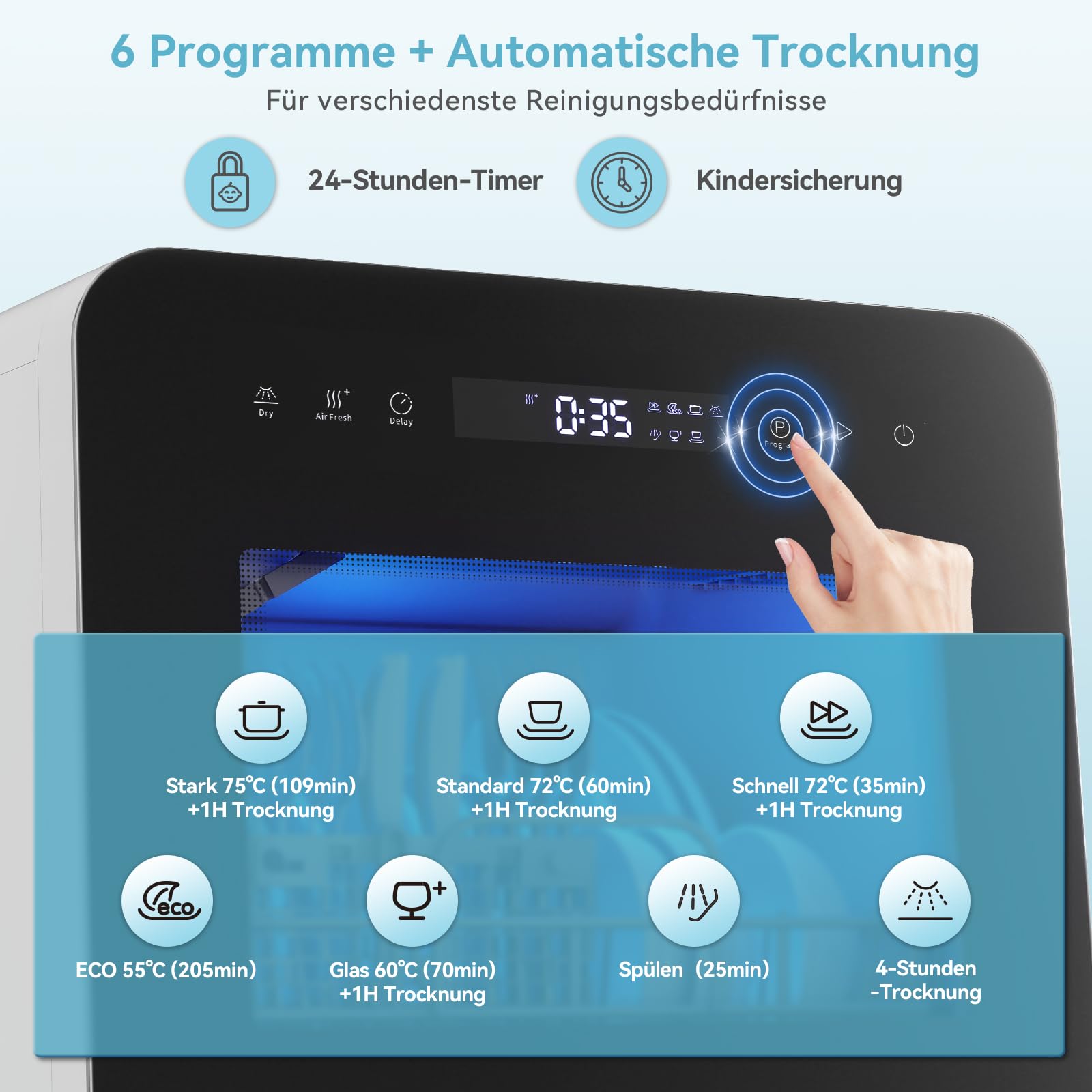 Mini Geschirrspüler 3 Gedecke Tischgeschirrspüler 5L Wassertank 6+1 Programme PTC Touch Control 24h Timer Kindersicherung