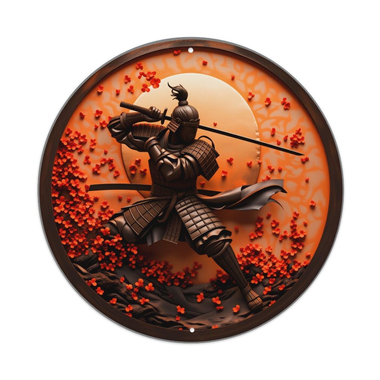 Samurai Warrior Cherry Blossoms Sunset Orange Background Round Vintage Tin Sign,Retro Wall Art,Metal Poster for Home, Bar, Garage, Cafe, Rustic Indoor & Outdoor Decor, 8x8 Inches