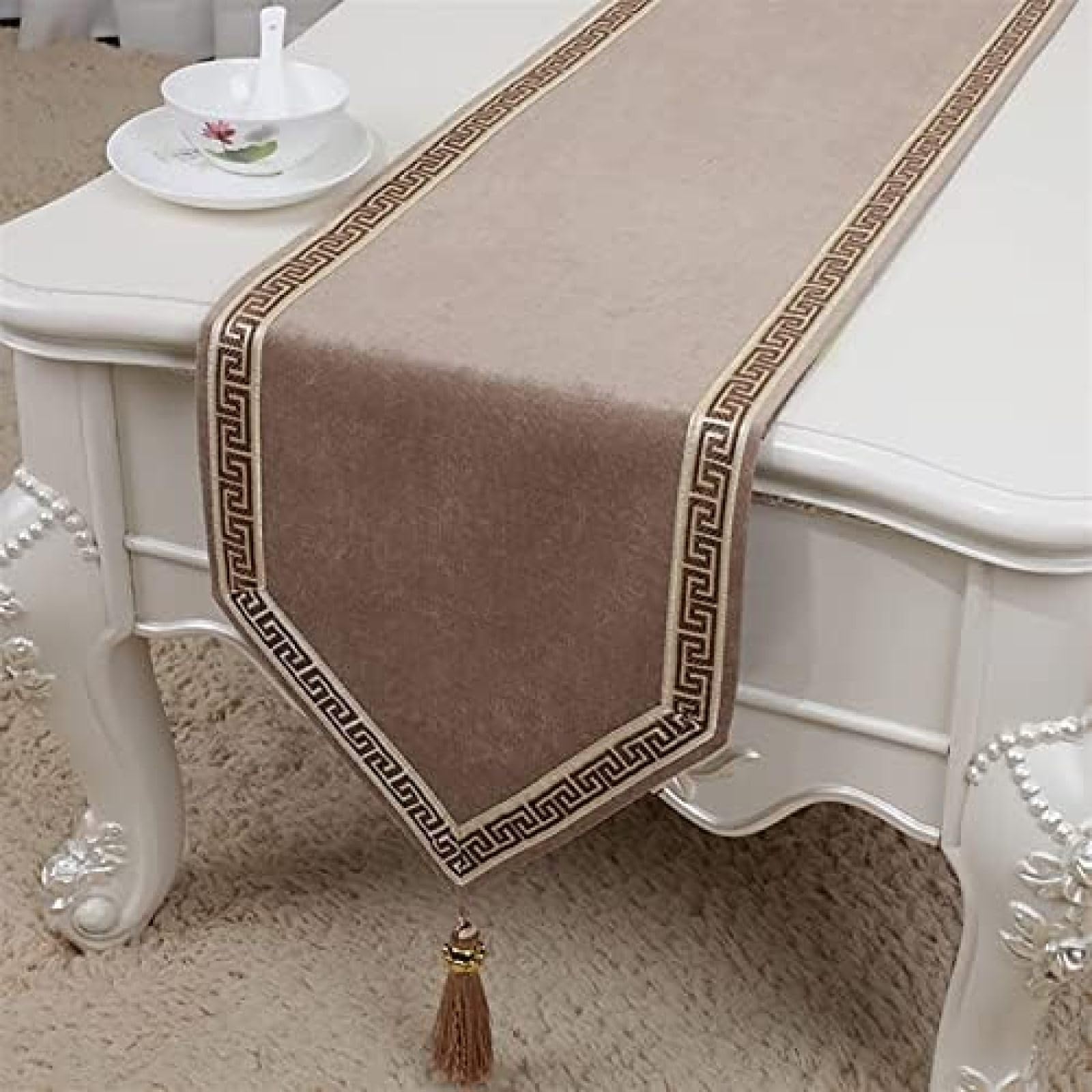 WDCDYQDH Faux Velvet Table Runner Classy Embroidery European Style Tassel Dining Manual Rectangular Linens Tablecloth (khaki 33 * 180cm) (zwart 230cm) (blauw Gray 180cm 33 * 230cm)