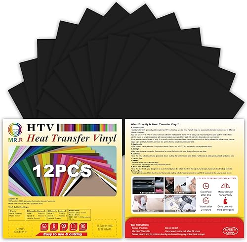 MR.R HTV Paquete de 12 láminas de vinilo de transferencia de calor de color negro de 12 x 10 pulgadas, vinilo para planchar para Cricut y máquina de