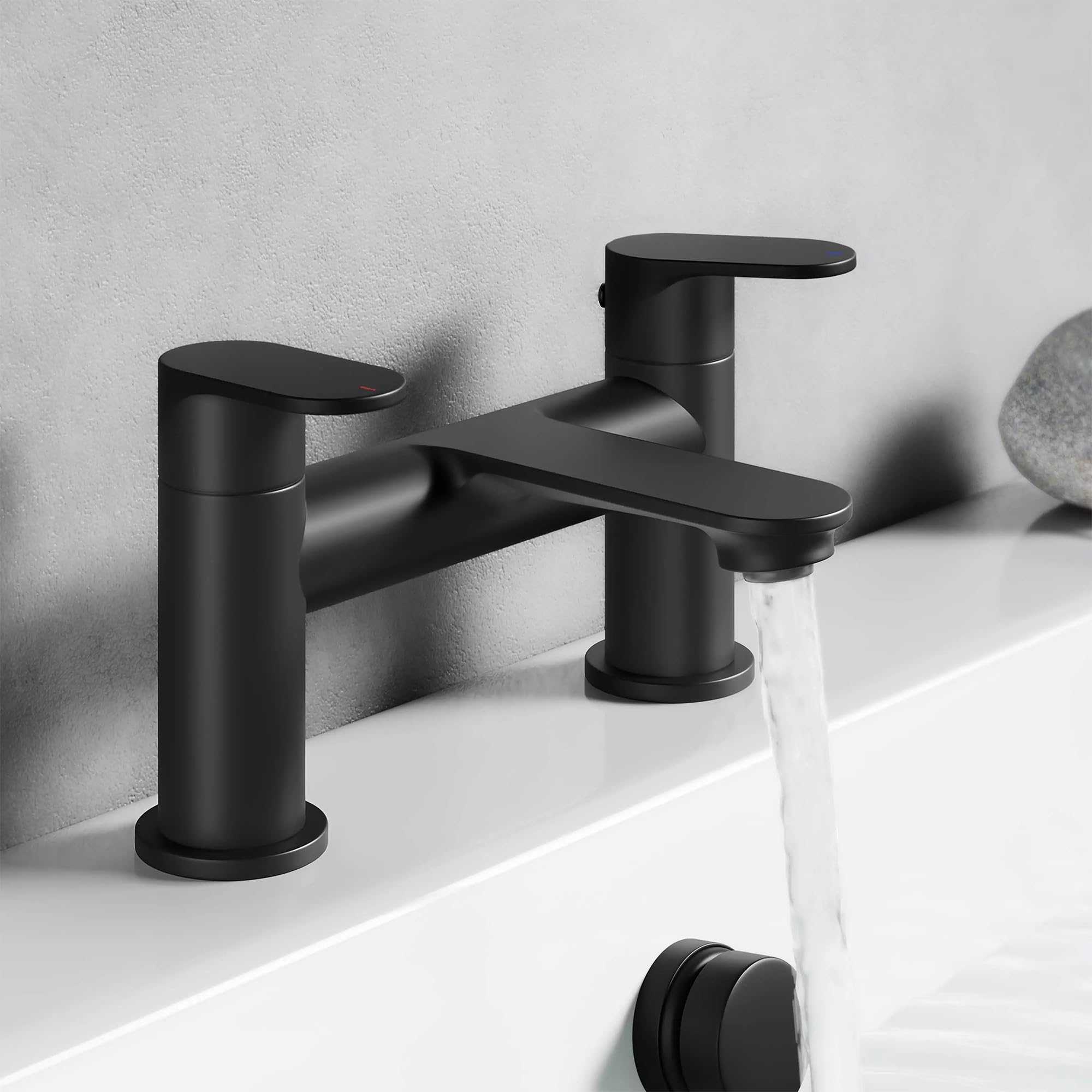 Slim Round Bath Filler Tap – Dual Pillar Deck Mounted Tap with Brass Cartridge – Modern Slimline Bath Mixer in Chrome, Brushed Brass & Matte Black (Matte Black)