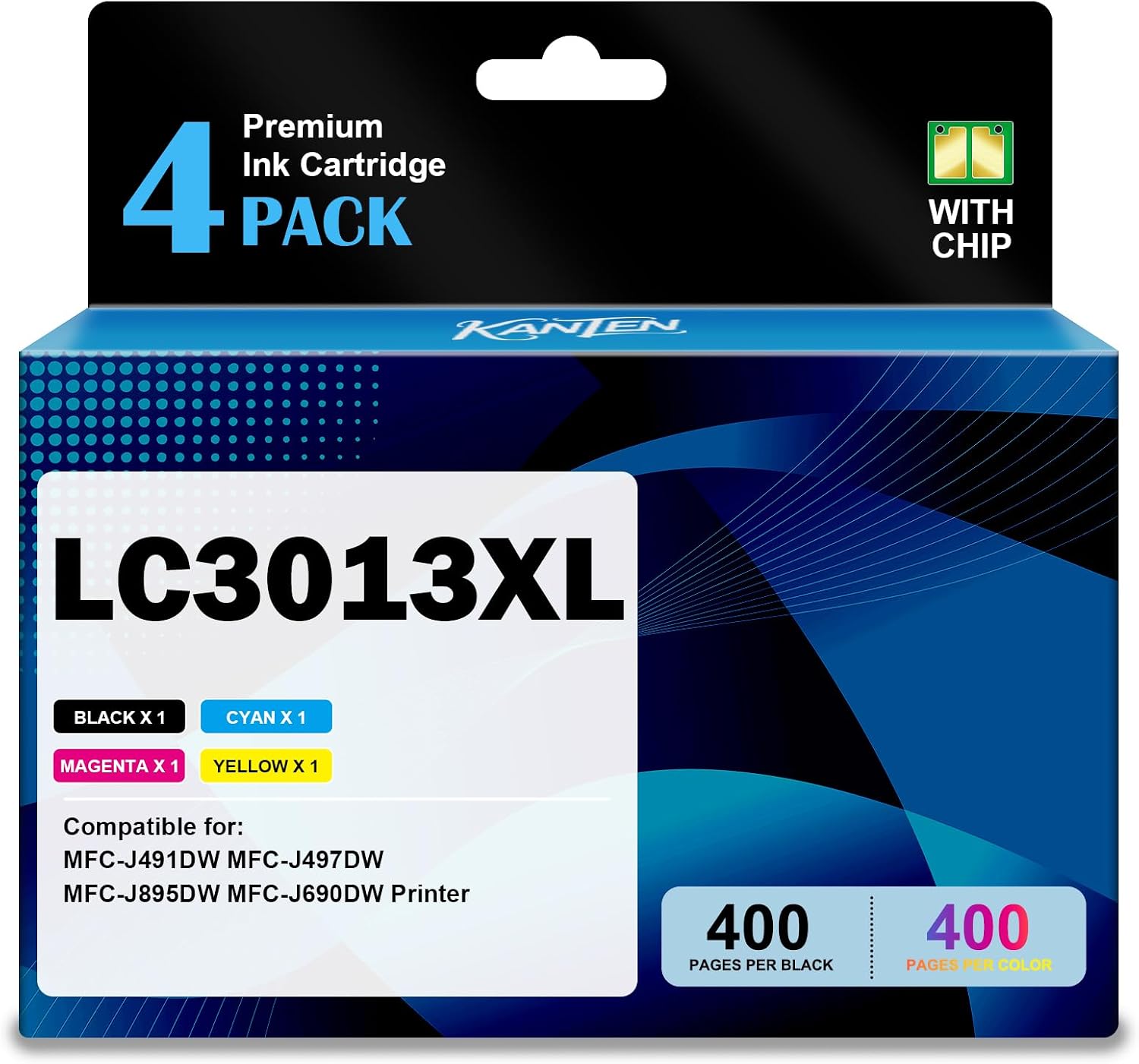 KANTEN LC3013 LC3011 XL Ink Cartridge 4-Pack (with Chip) Ultra High-Yield Replacement for LC3013 LC3013lx LC3013xl LC3011 LC3011xl cartridges Used for MFC-J491DW MFC-J497DW MFC-J690DW MFC-J895DW