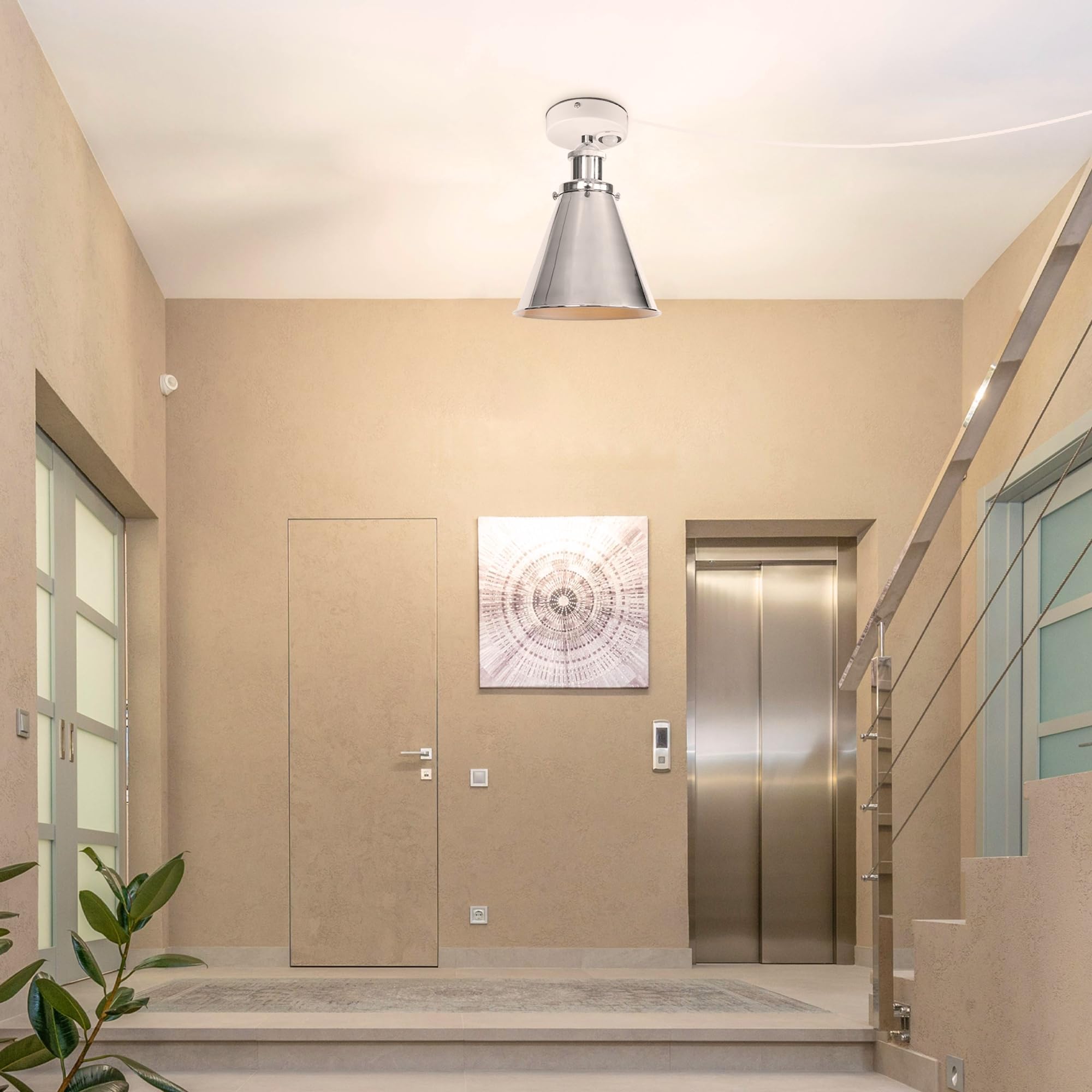 Lampada da soffitto con sensore di movimento interno, in ferro industriale, con sensore di movimento radar con cavo da 4,5 m e portalampada E27, per corridoio, bagno, scale, garage, argento