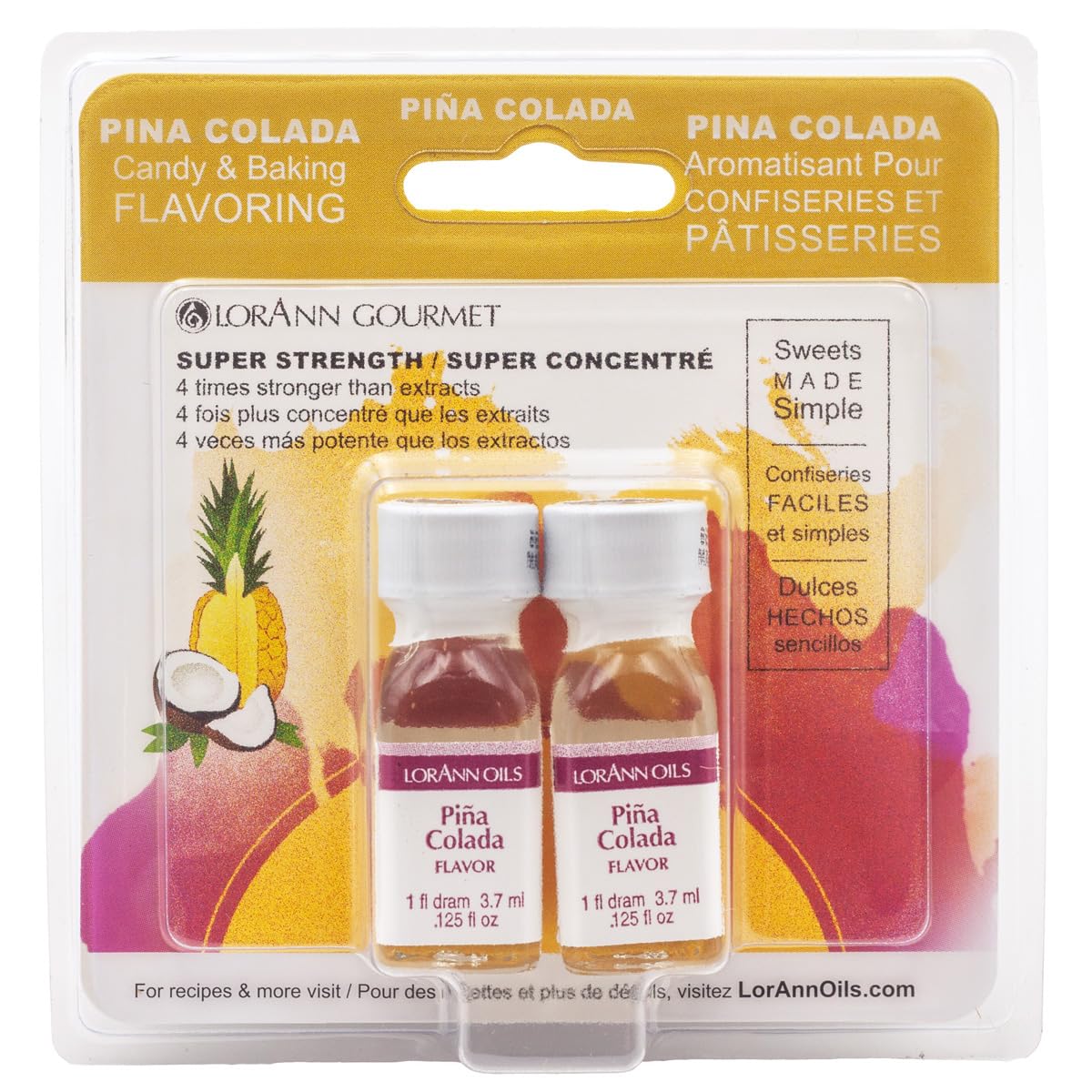 LorAnn Oils Super Strength Flavoring - Used For Candy Making, Flavoring, Baking, Hard Candy, & Flavor Oils - Bold, Natural Flavors 4X Stronger Than Extracts - Pina Colada, Pack of 2, 0.125 fl oz