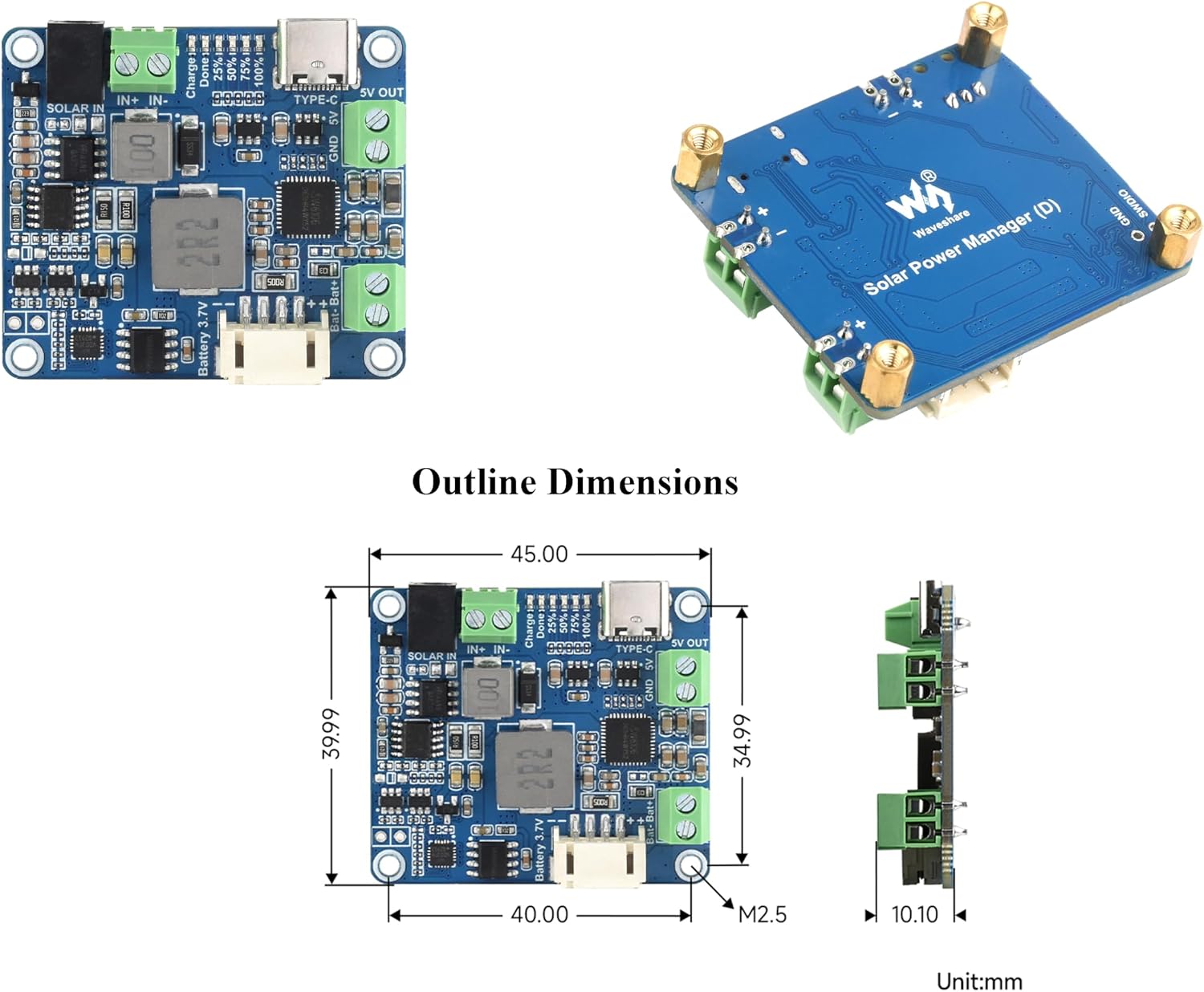 Detailed diagram of the Solar Power Manager (D) board, labeling various components and connection points such as solar input, Type-C input, 5V output, battery interface, and LED indicators.