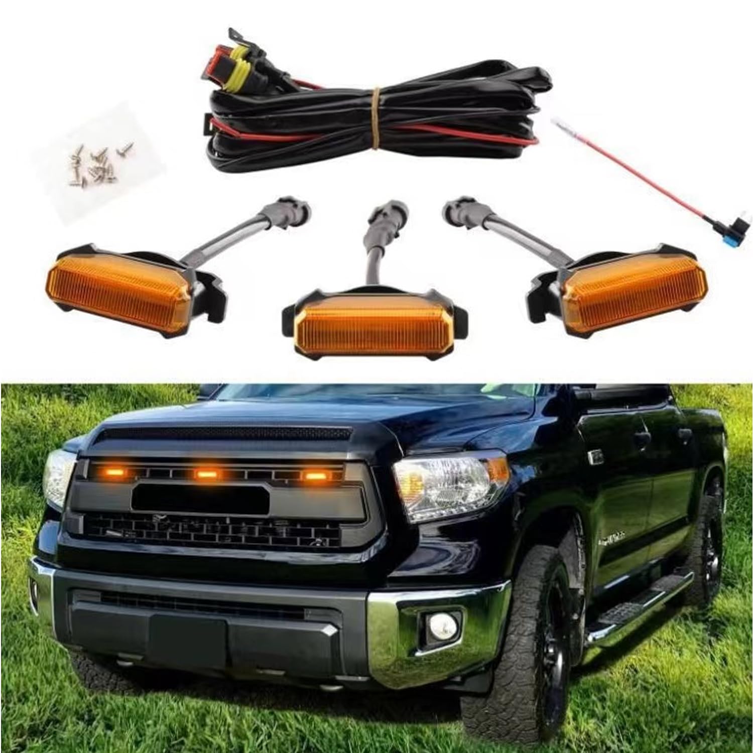 FQMY 3PCS Front LED Grille Lights with Fuse Compatible with Toyota Tundra TRD Pro Grille 2014 2015 2016 2017 2018 2019 2020 (Amber)