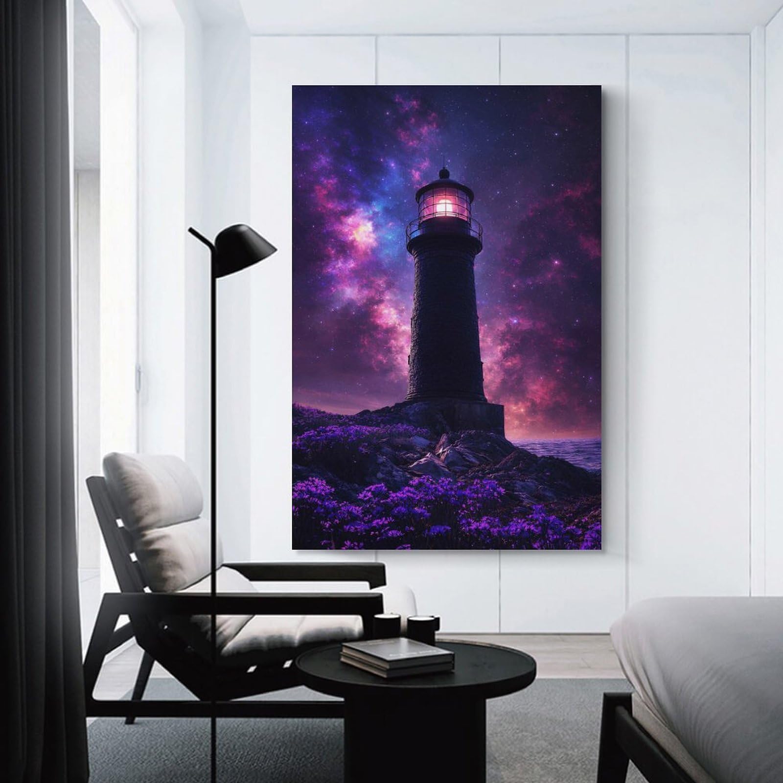 Junmoney Lighthouse Under A Cosmic Sky Wall Art Print, 24x36inch(60x90cm), for Entrance Spaces, Stair Walls Or Halls, Home Artwork for First Impressions