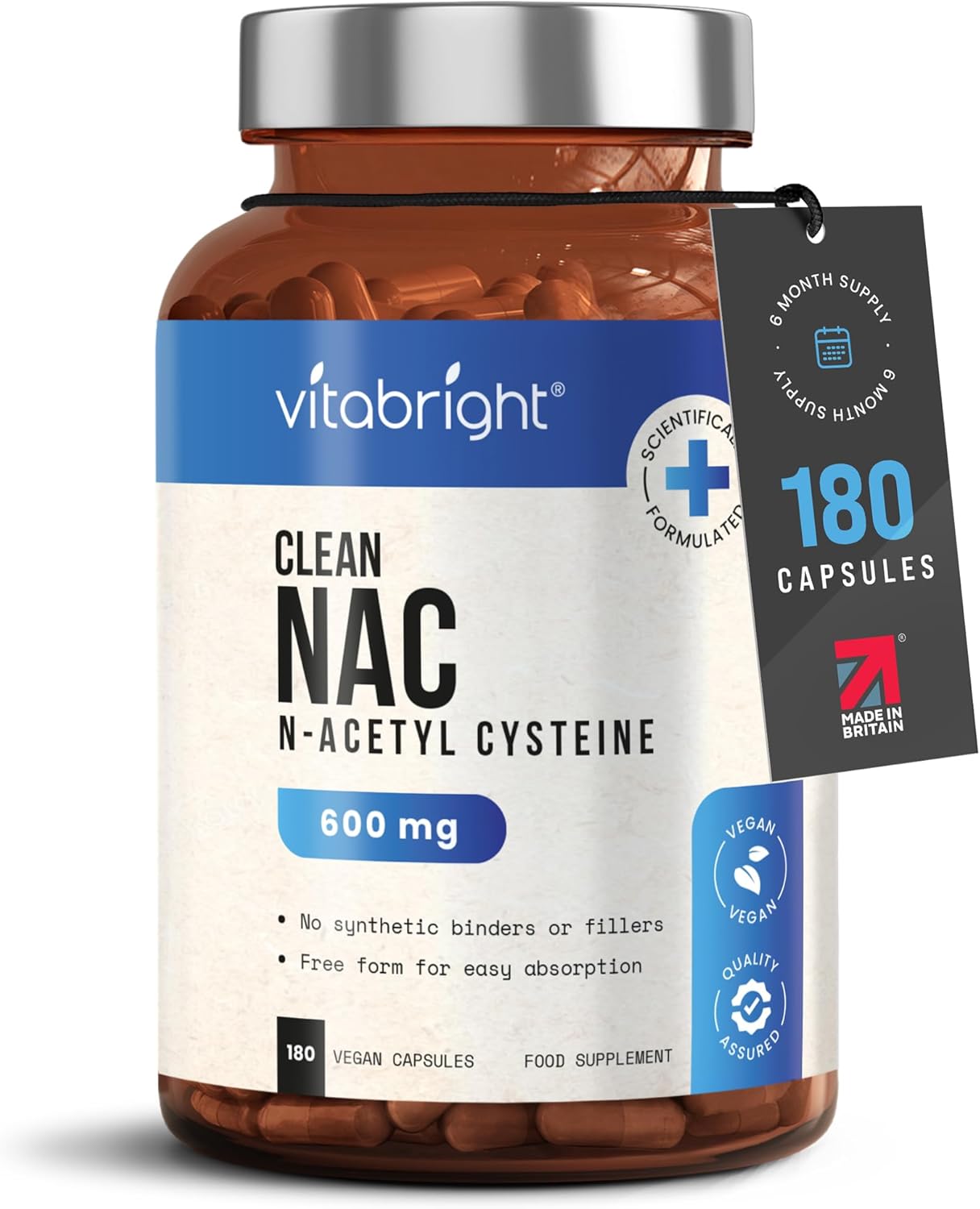 VitaBright NAC Supplement | 600mg | 180 Capsules | Acetylcysteine Nutritional Supplements | Swallow or Twist Open Capsules of Powder | Pure Clean NAC N-Acetyl-Cysteine 600mg Supplement