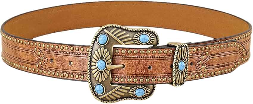 FGSS Cintura Western In Pelle PU Con Fibbia Turchese - Donna E Uomo - Incisa Con Motivi Floreali - Girovita 71-99 Cm
