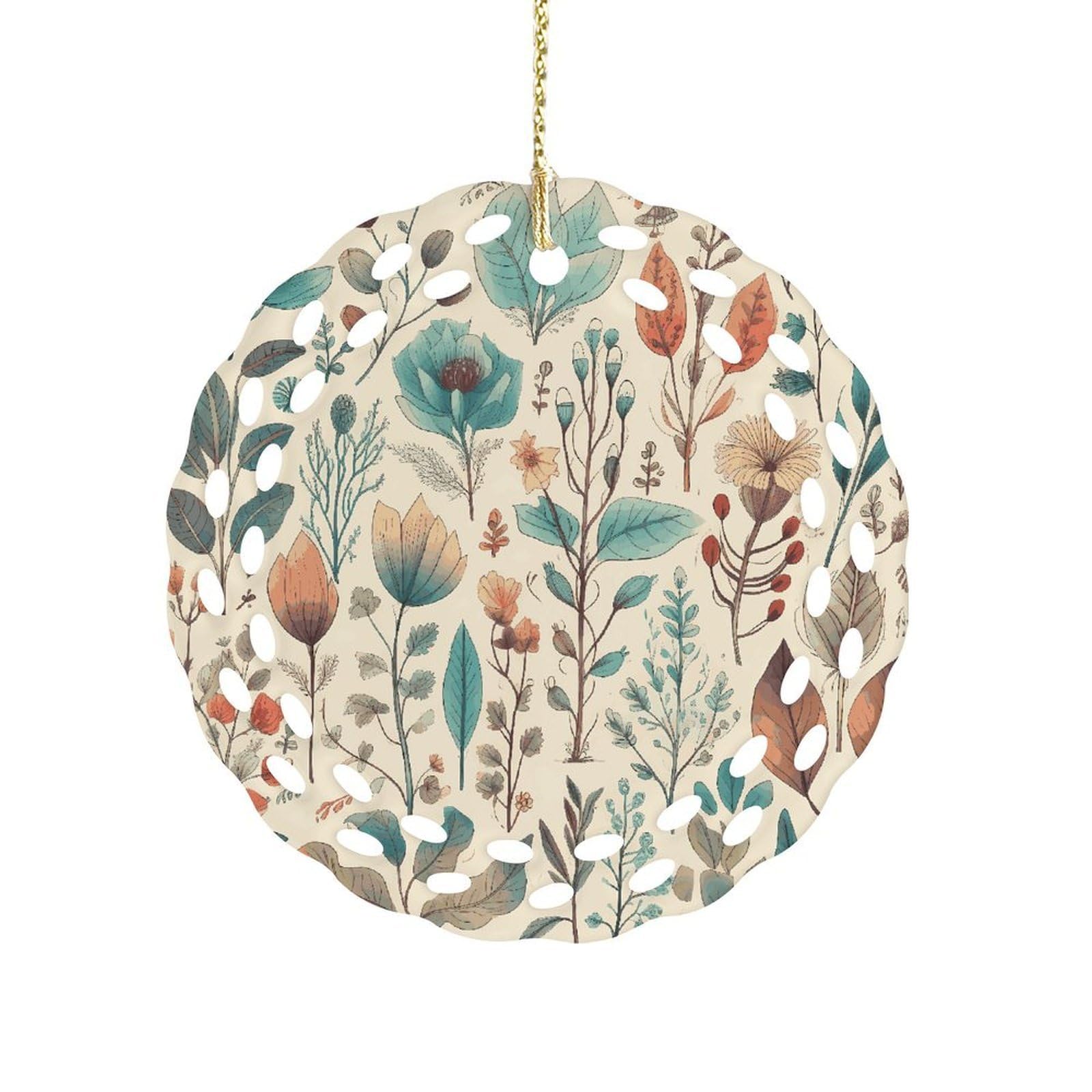 Fodpand Women's Style Flowers And Leaves Ceramic Ornament For Home Decor 3.2" Round Tree Decoration Christmas Ornaments For Men Double-Sided Design