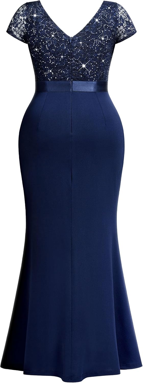 MISSMAY Women's Plus Size Double V Neck Sequin Lace Contrast Ruched Bodycon Mermaid Hem Formal Maxi Dress - Image 6