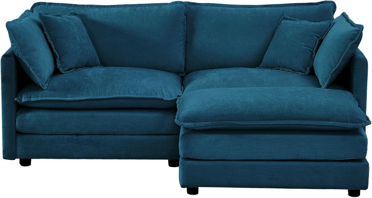Tmsan 76.7" Blue Deep Seat Cloud Loveseat Sofa Sectional Couch with Ottoman, Large 2 Seater Modular L Shaped Sofa, Comfy Chenille Love Seat for Living Room Bedroom Apartment Office
