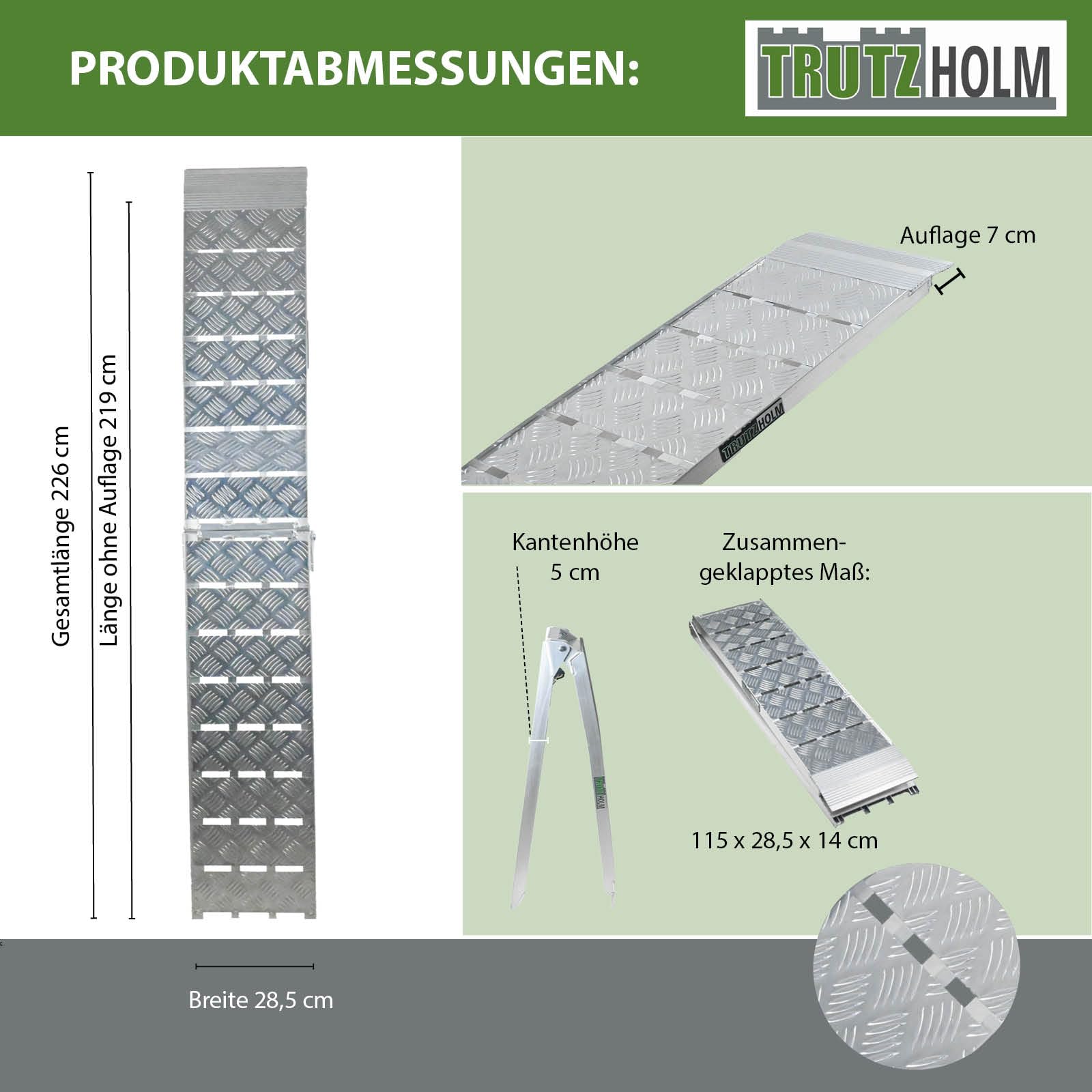 TRUTZHOLM 1x Alu Auffahrrampe klappbar 226 cm Traglast 680 kg grau Motorradrampe Verladerampe für Motorrad, Quad, ATV, Rasenmähertrecker Heavy Duty, extrem leicht