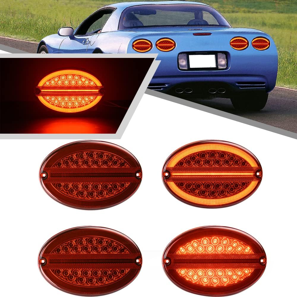 4Pcs C5 LED Tail Light Assembly for Chevy Corvette C5 1997-2004 Brake Light Turn Signal Lamp with Anti-Hyper Flashing Harness Red Lens