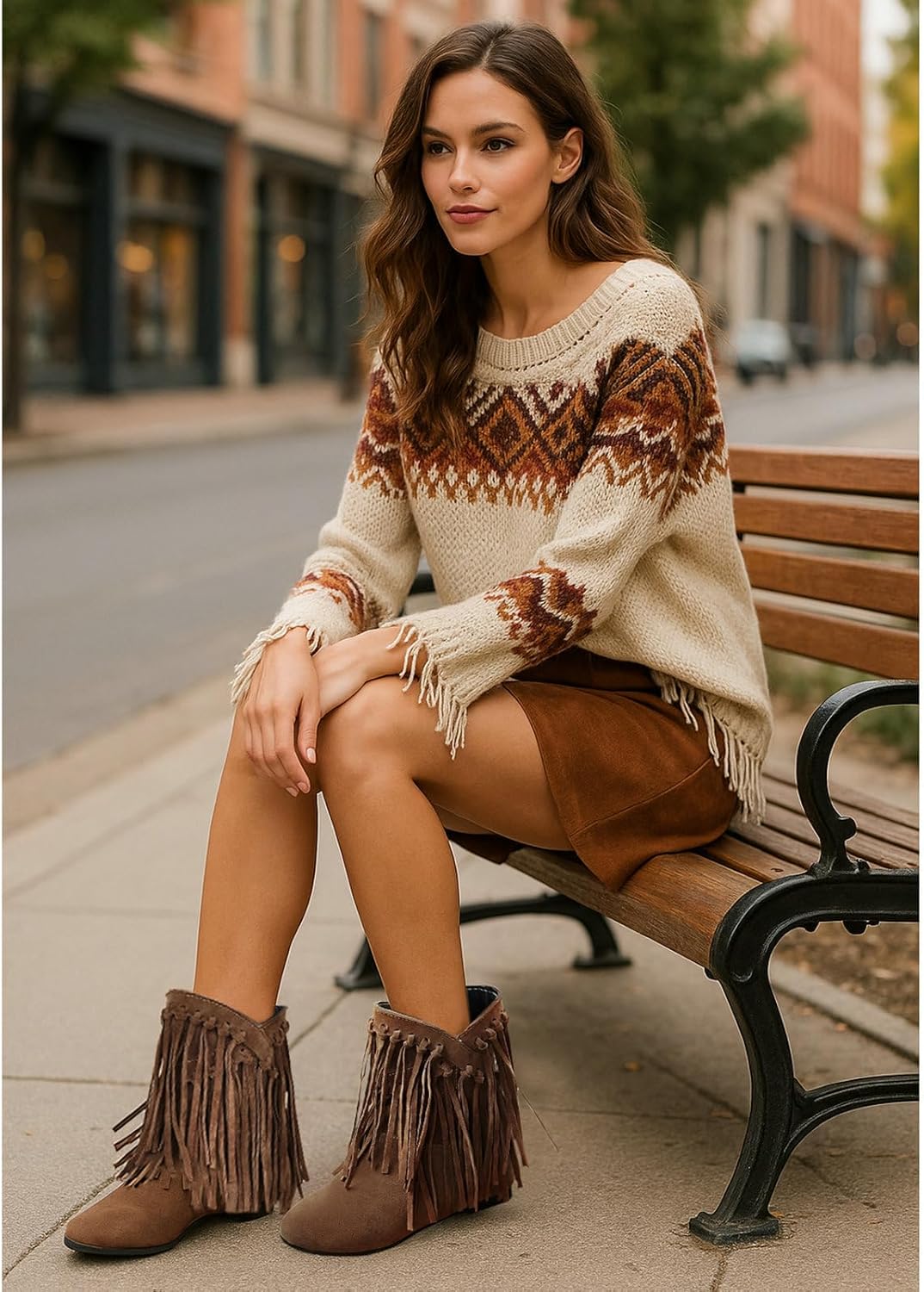 KiutSymo Womens Ankle Fringe Boots Round Toe Wide Calf Flat Tassel Boots Casual Hidden Wedge Heels Ankle Boots for Winter