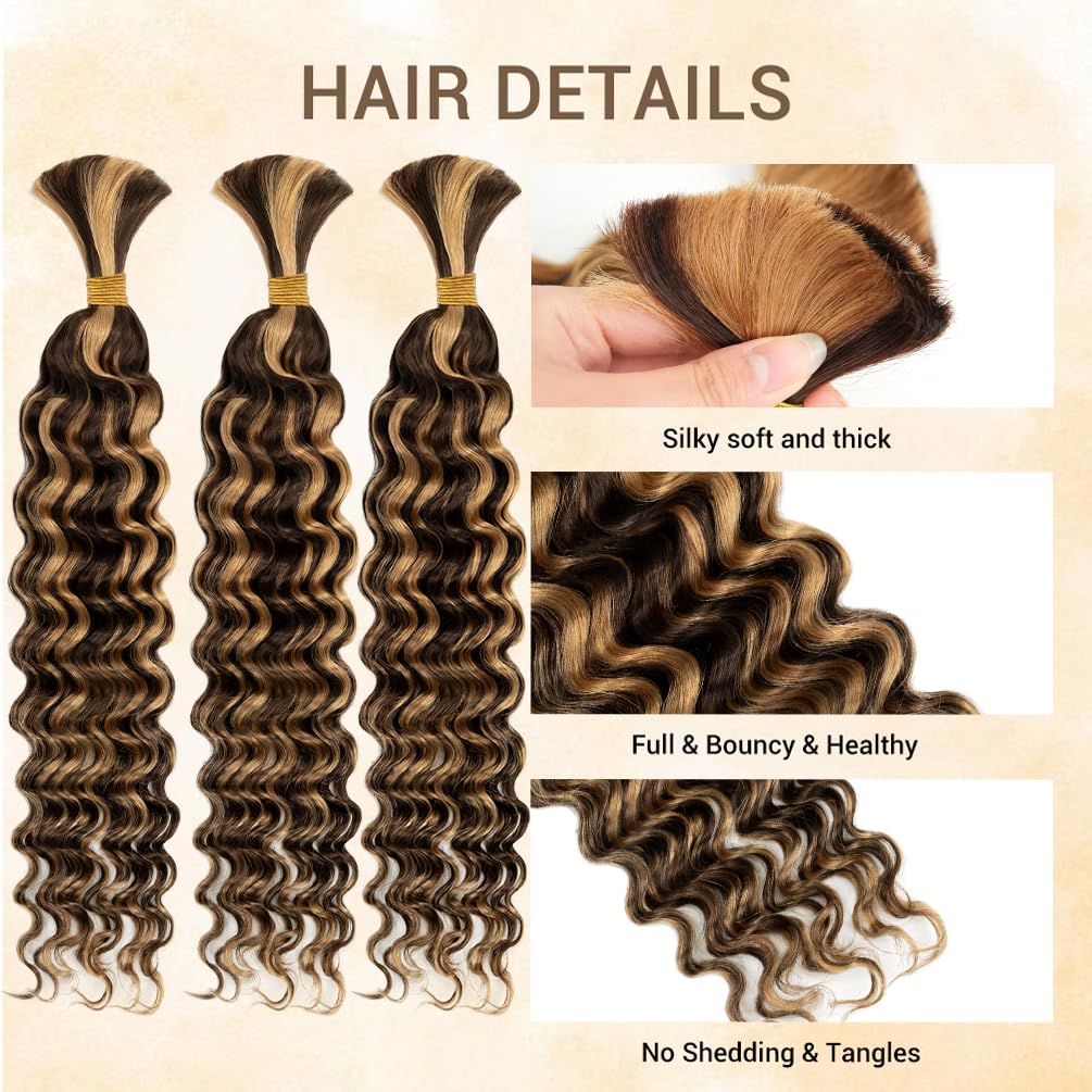Human Braiding Hair for Boho Knotless Braids 3 Bundles 18 Inches 150g Deep Wave Bulk Human Hair for Braiding Hair Wet and Wavy 10A Brazilian Virgin Human Hair Balayage Brown to Blonde 4P27
