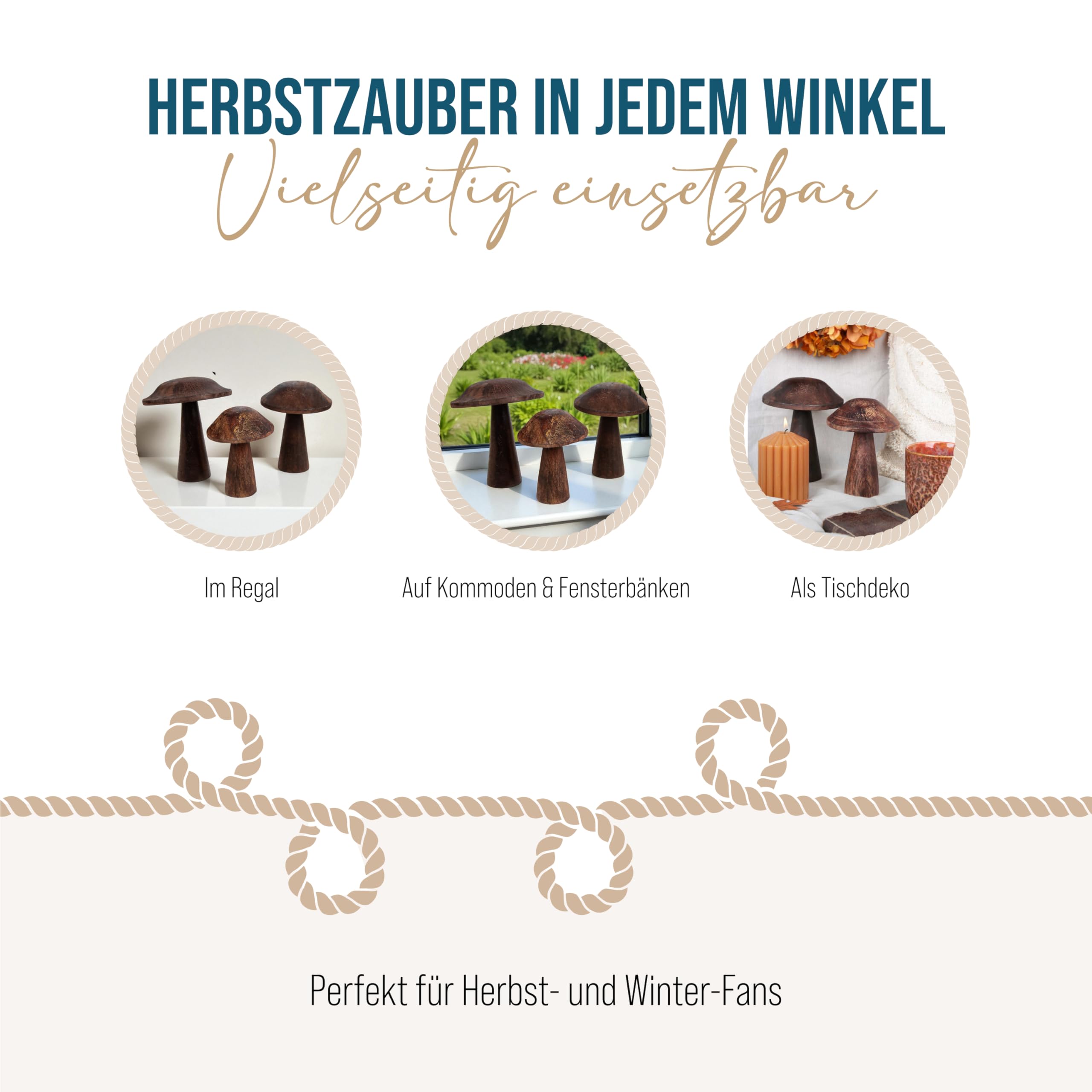 Holz-Pilze, 3 Stück: Herbstdeko Figuren, Tischdeko Pilz, Kleine Dekofiguren Herbst, Dekoration Tisch & Fensterbank, Fliegenpilz Fensterdeko, Deko Modern, Dekopilze Innen, Herbstfiguren Klein, 13-18 cm