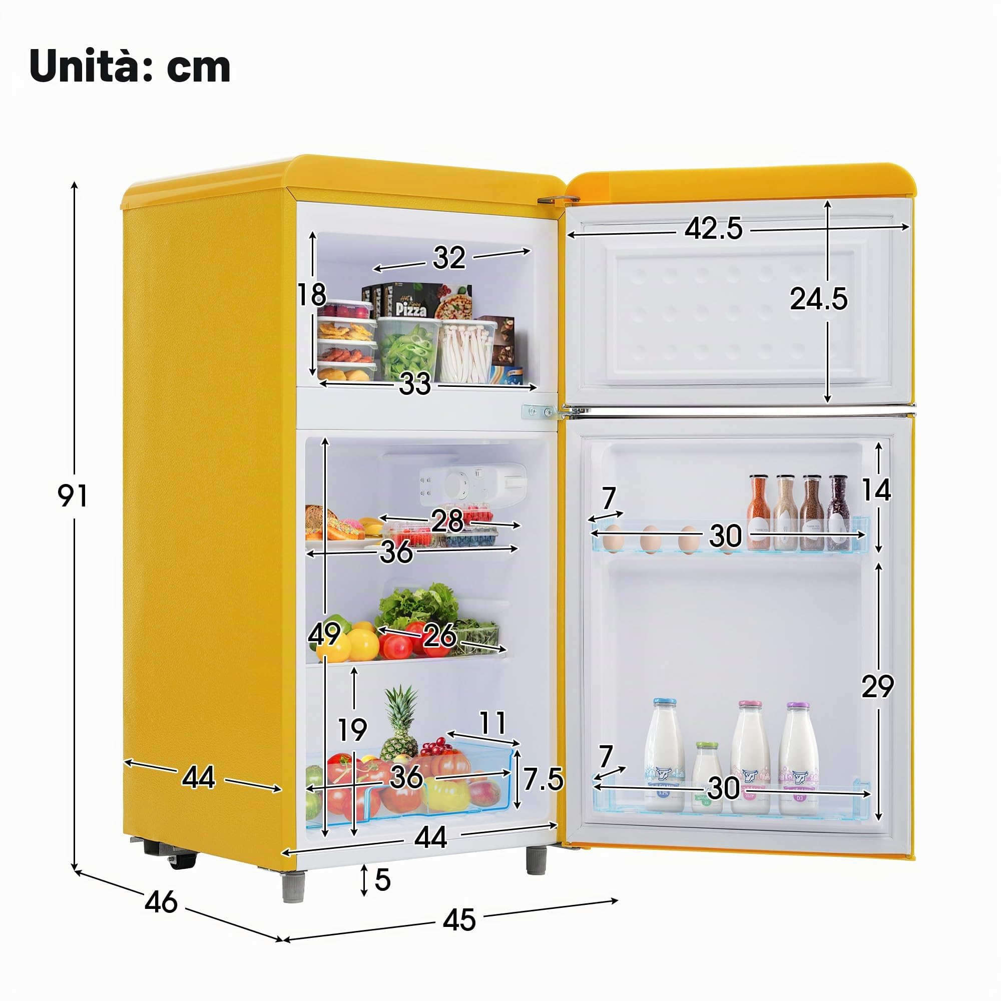 Merax Frigorifero Retrò, Volume di 72 Litri e 21 Litri di Congelatore, Illuminazione LED, 120 kWh/Anno, Disponibile in Giallo [Classe Energetica E]