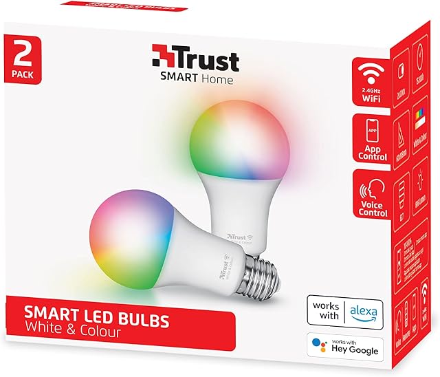 Trust WiFi E27 Smart Bulb, Colour Changing Light Bulb, Works with Alexa and Google Home, No Hub Required, 2.4GHz WiFi Bulb, E27 Screw Bulb, LED Light Bulb, White & Colour [Amazon Exclusive] - 2 Pack