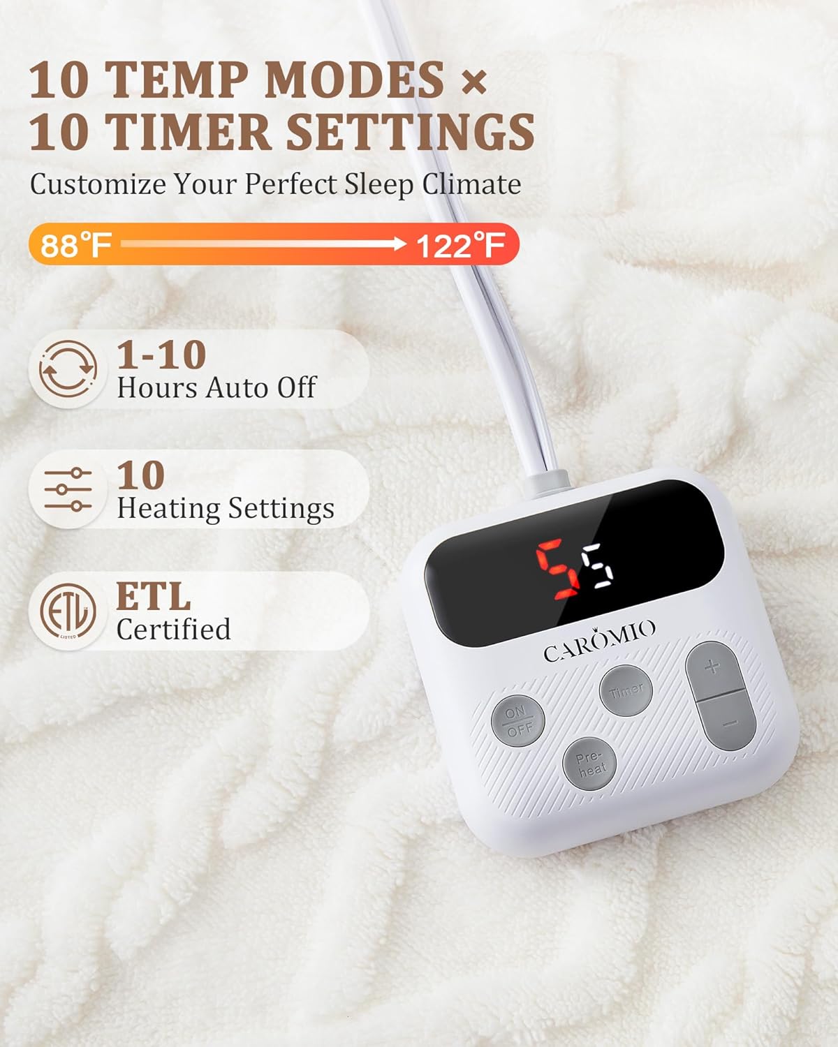 CAROMIO Electric Blanket Twin Size - Thick Tufted Sherpa Heated Blanket Twin with 10 Heating Levels and 10 Time Settings, ETL Certified Machine Washable Fast Heating Blanket Twin 62"×84", White - Image 3