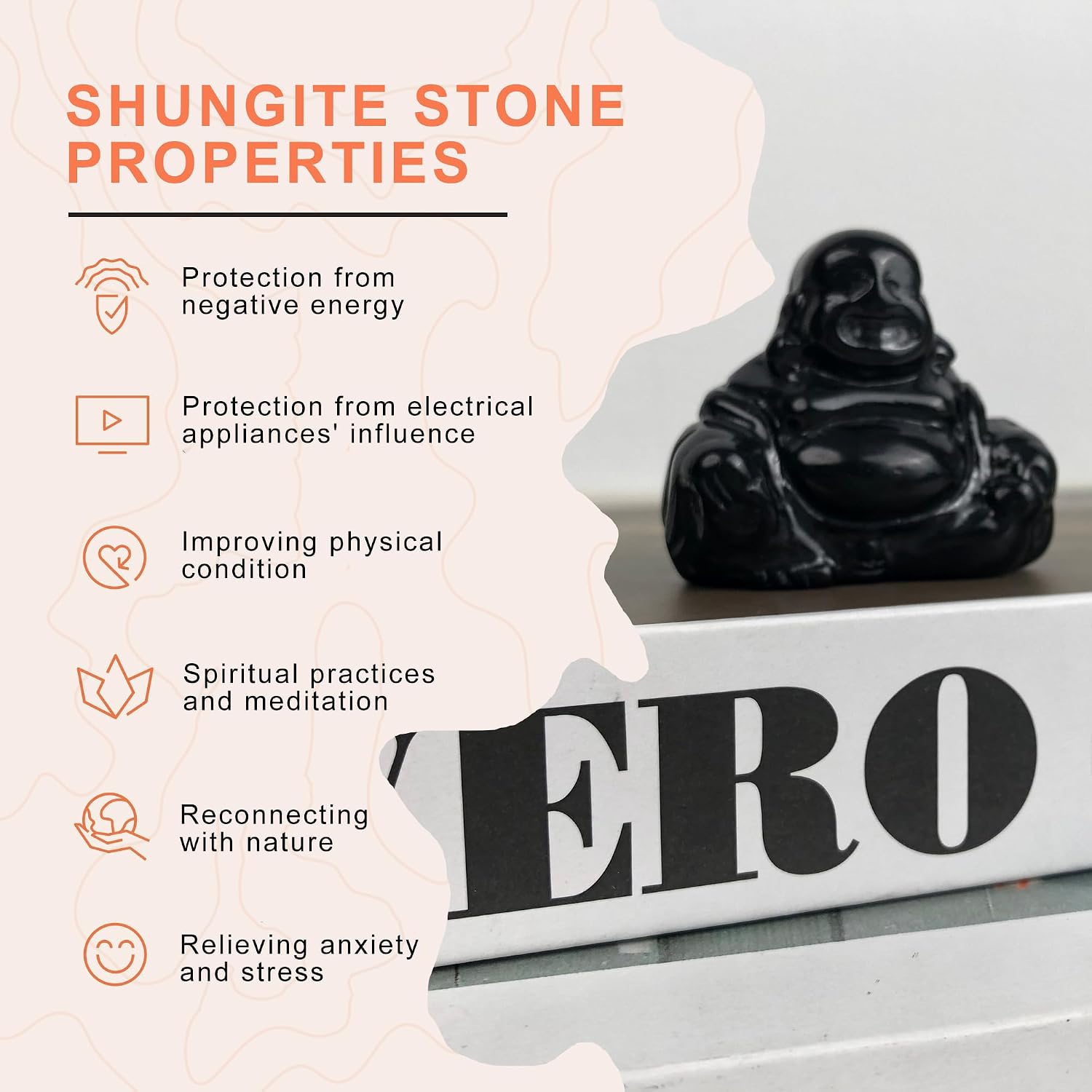 Shungite Laughing Buddha Figurine - Natural Healing Stone Statue 2"x1.6"x0.8", Carved Black Buddha for Energy Cleansing, Meditation, Protection & Home Decor