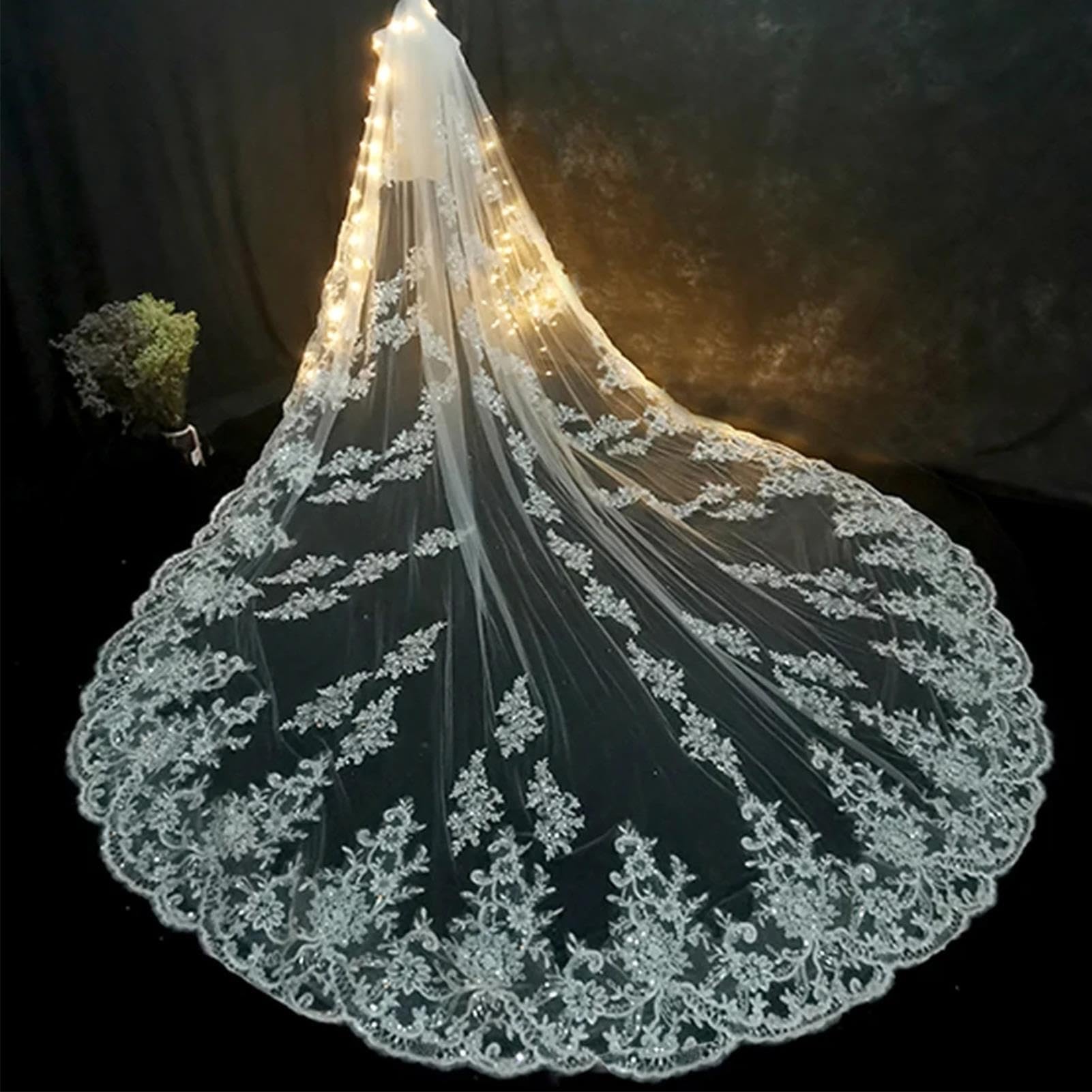 Velo da Sposa Lussuoso, Velo da Sposa in Pizzo Extra Lungo, Largo 300 Cm, Stile Chiesa, Colore Avorio, con Pettinino per Capelli, Adatto A Spose E Ragazze(400x300cm)