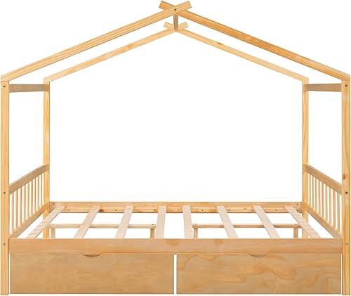 Miniatura 32 de P PURLOVE Cama de casa de tamaño individual para niños, adolescentes, cama de plataforma de madera con cabecero y estribo, cama de piso para niños
