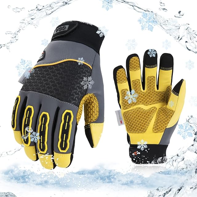 Vgo... -20/-4°F Winter Mechanic Gloves,Cold Weather Waterproof Medium Duty Safety Work Gloves,Cold Storage or Freezer Use(CA7724FLWP,Gray+Yellow,XL,1Pair)