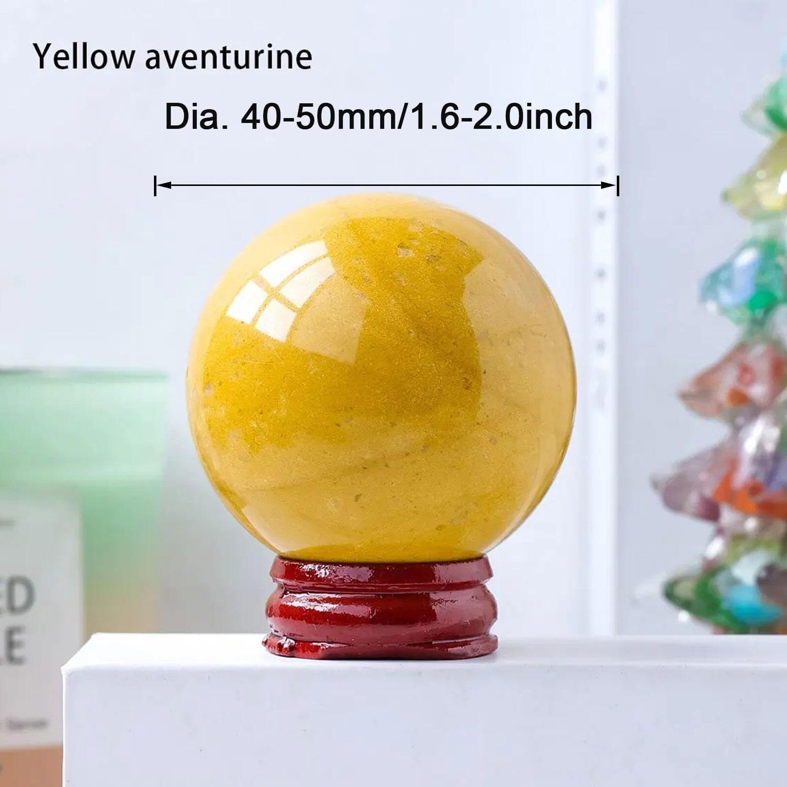 Bola de Cristal de Aventurina Amarilla Natural con Soporte de Madera, Feng Shui Esfera Piedras Preciosas Adornos para Meditación Reiki Terapia de Equilibrio Energético Adivinación(40-50mm)