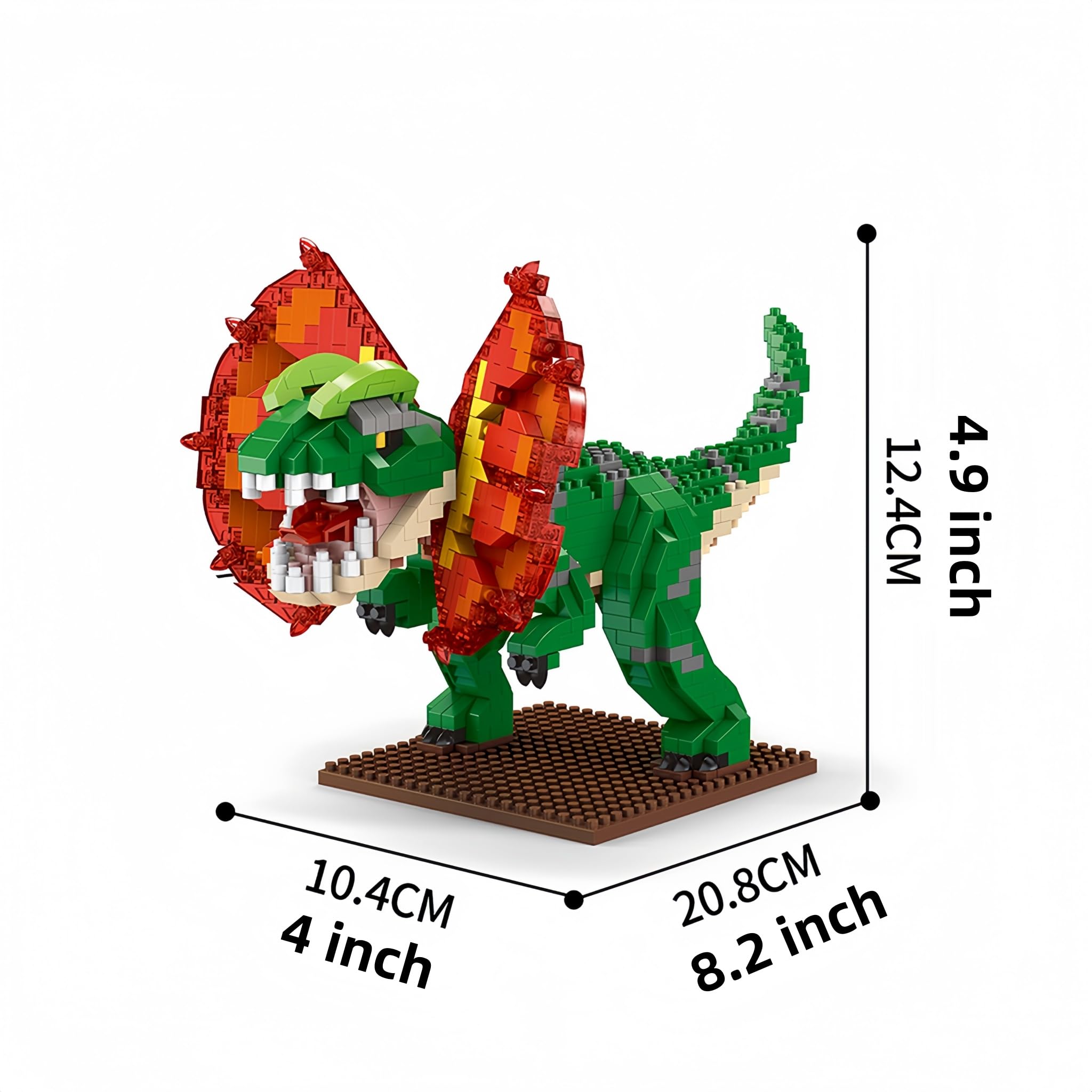 Juego de microladrillos de dinosaurio: 1000 piezas de dilofosaurio feroz con auténticos tonos rojo y verde, atractivo pasatiempo de construcción, llamativo exhibición para el hogar de Dino