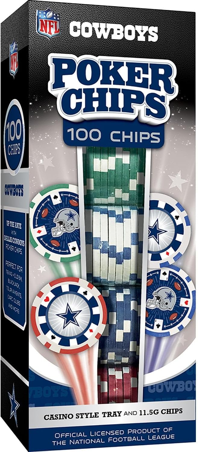 Masterpieces Dallas Cowboys NFL Poker Chip Set - 100pc Casino Style, Officially Licensed, 11.5-Gram Heavyweight Chips with Tray for Easy Storage