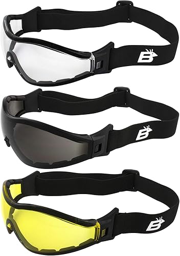 Birdz Gafas Boogie Z87.1 acolchadas de espuma negra para motocicleta, gafas de paracaidismo de seguridad, 3 pares con lentes antiniebla