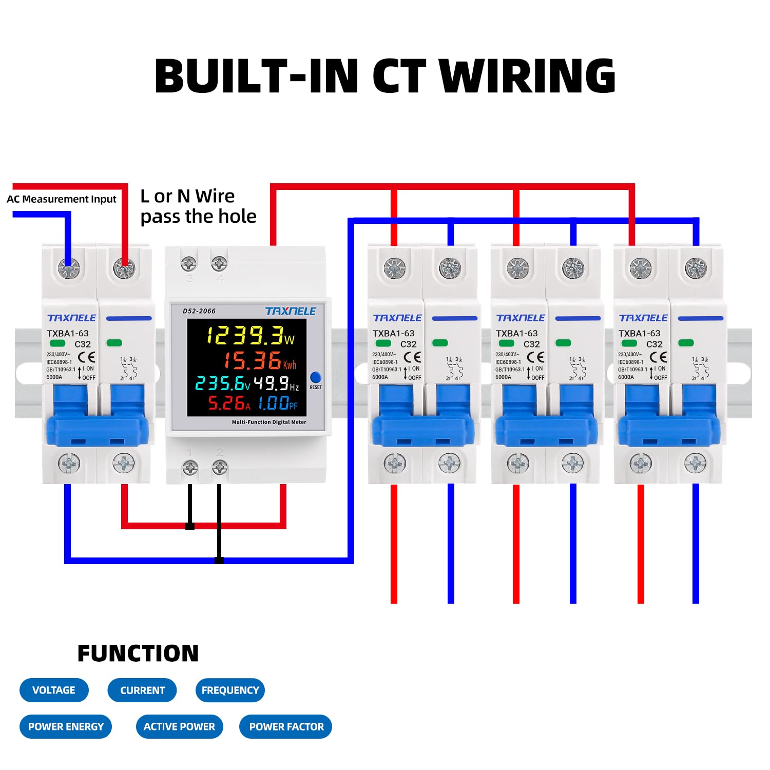 Misuratore di energia monofase Tester Monitor di utilizzo dell'elettricità 6 in 1 Multimetro AC 40-300V 100A Voltmetro Amperometro Watt Kwh Frequenza Misuratore di potenza 230V (TA incorporato)