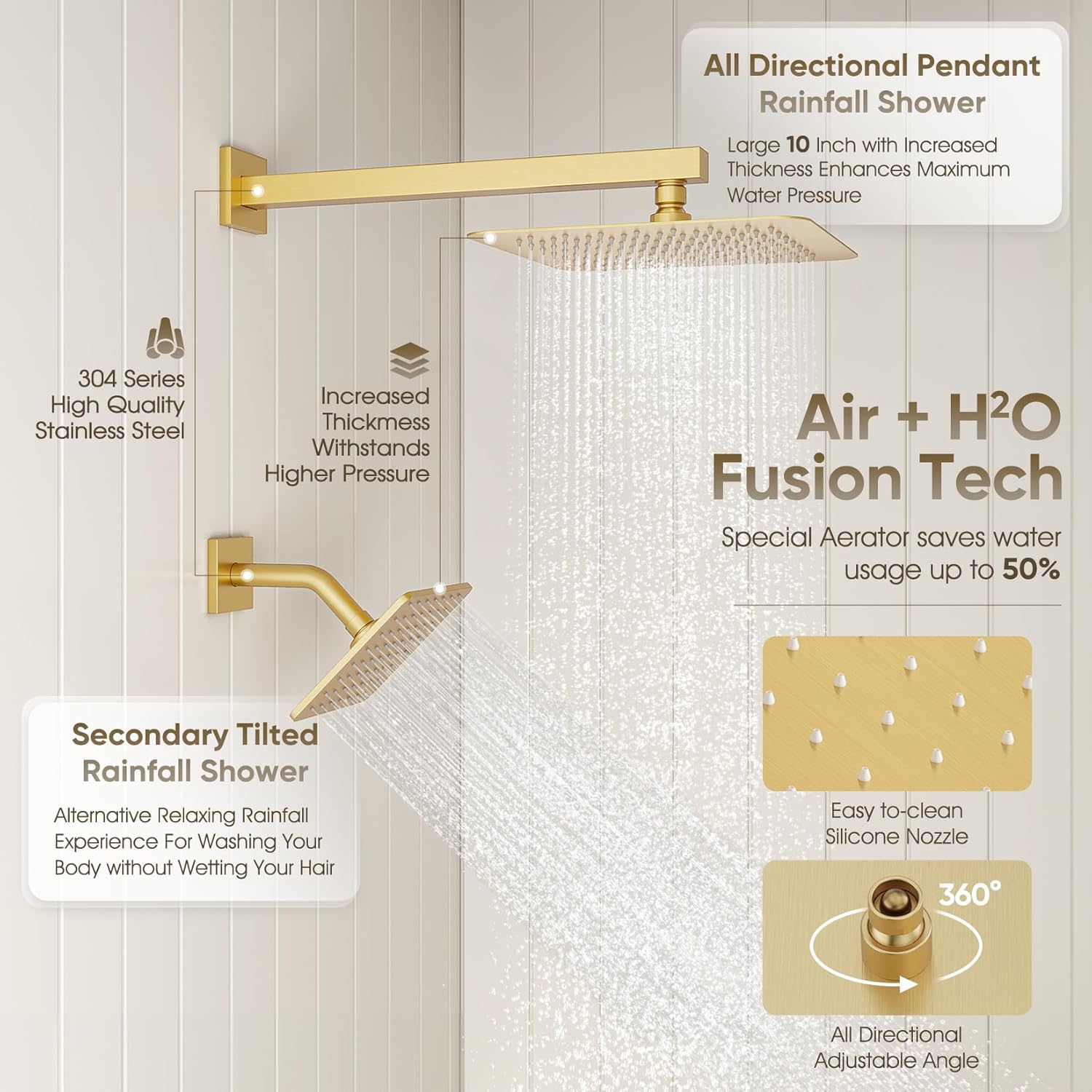 Shower Faucet Set Brushed Gold, 10+8" Dual Rain Shower Head with Handheld Spray for Two People,Wall Mount Rainfall 3 Way Shower Valve and Trim Kit Complete
