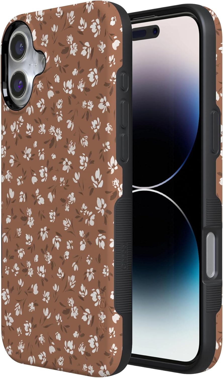 Casely iPhone 16 Case | Mocha Meadow | Tiny Flowers | Bold Protective Design | Compatible with MagSafe