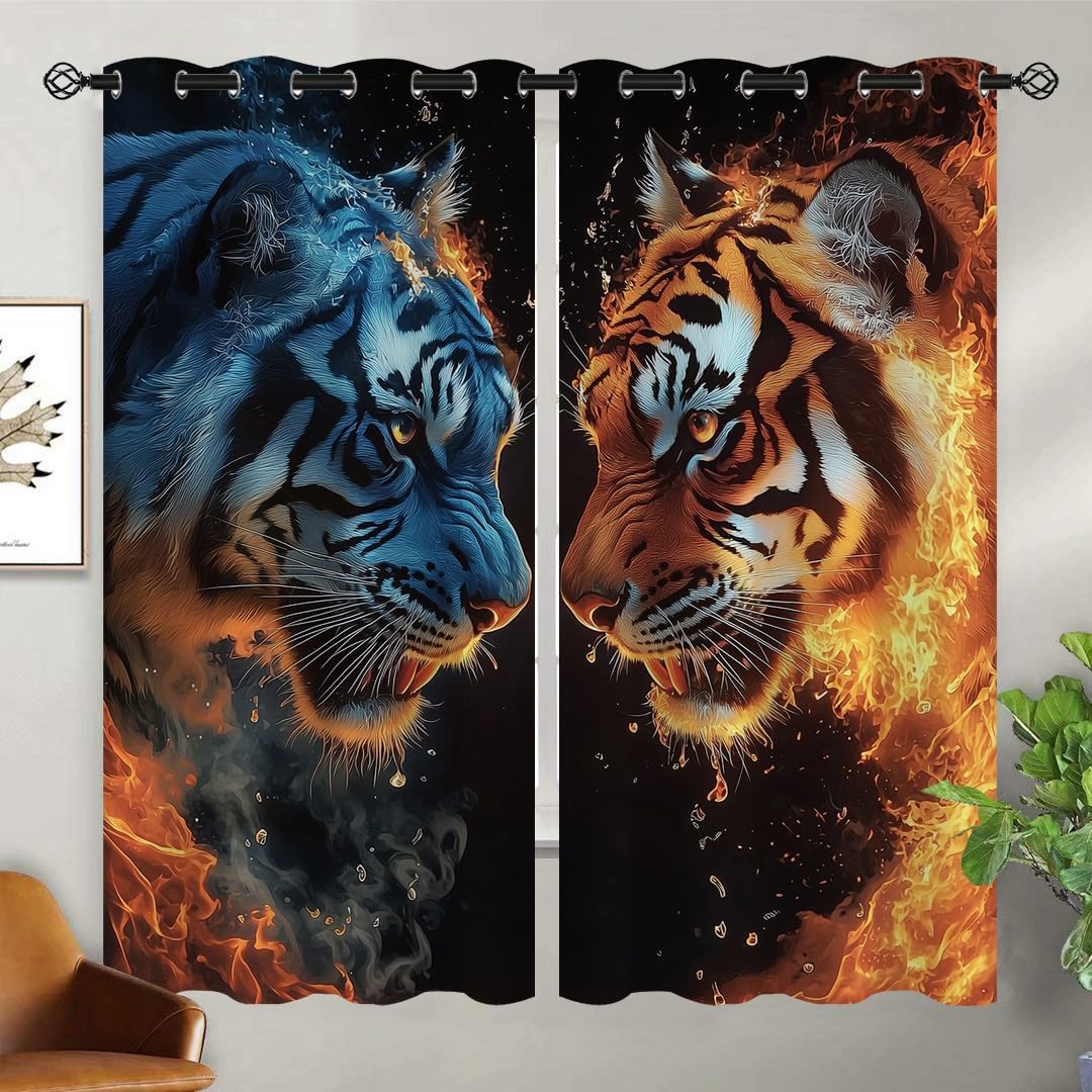 Ferocious Tiger Blackout Curtains for Girls Boy Home Decor, Kids 3D Tiger Fantasy Wild Animal Grommet Thermal Insulated Drapes Darkening Window Curtain for Bedroom Living Room, 72 x 63 Inch