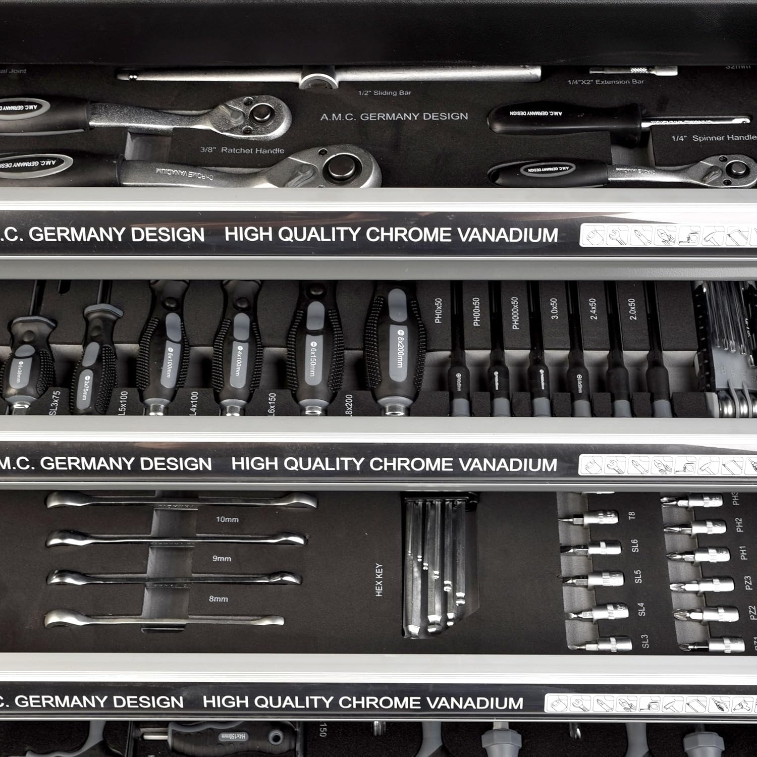GrecoShop Carrello Attrezzi Portautensili Officina 428 Utensili 6 Cassetti Chiusura a Chiave Organizer Ruote Struttura Rinforzata Carbon Look