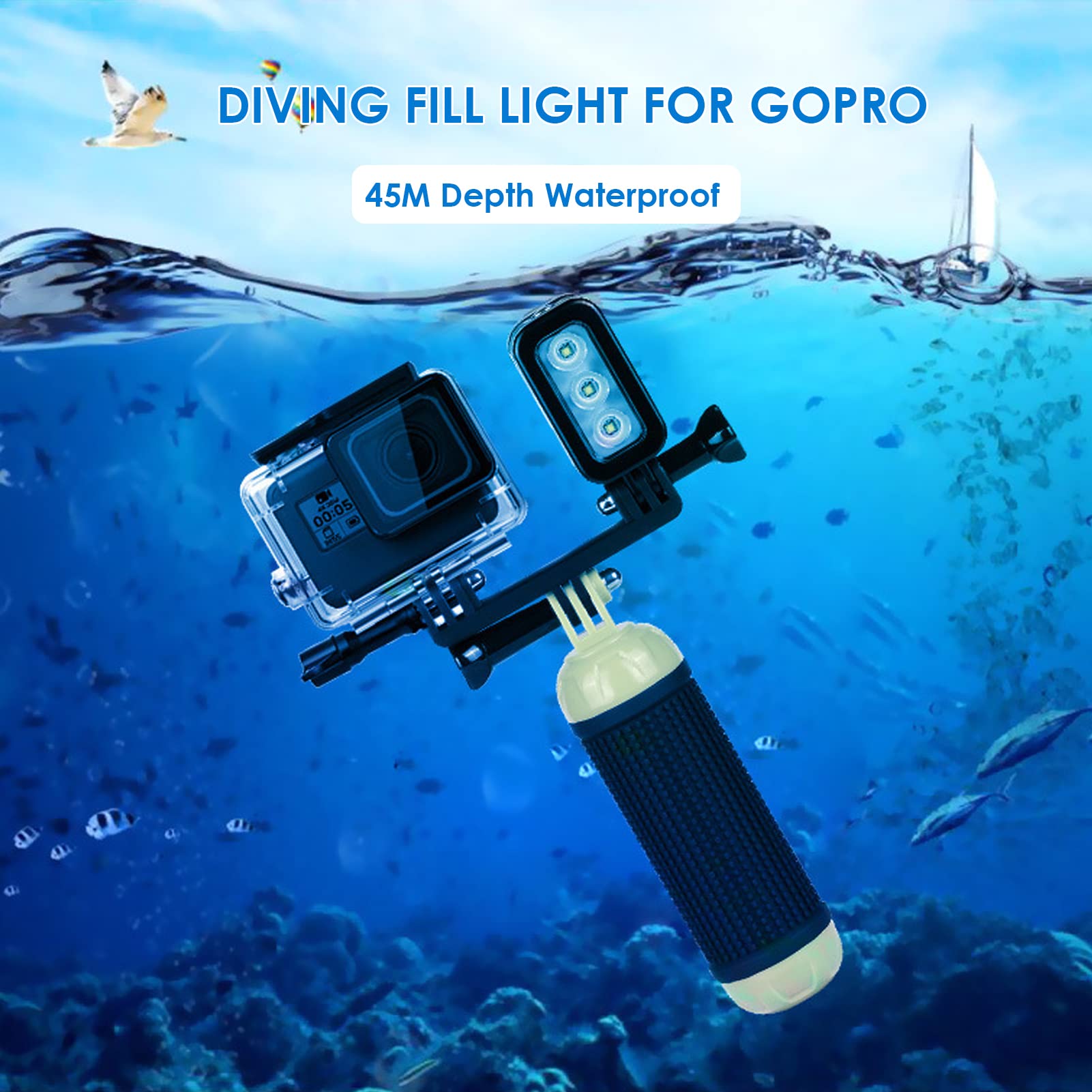 Yunseity Luce Subacquea per, Action Camera, Luce di Riempimento Subacquea Dimmerabile Impermeabile da 147 Piedi, Luce Video LED Ricaricabile USB