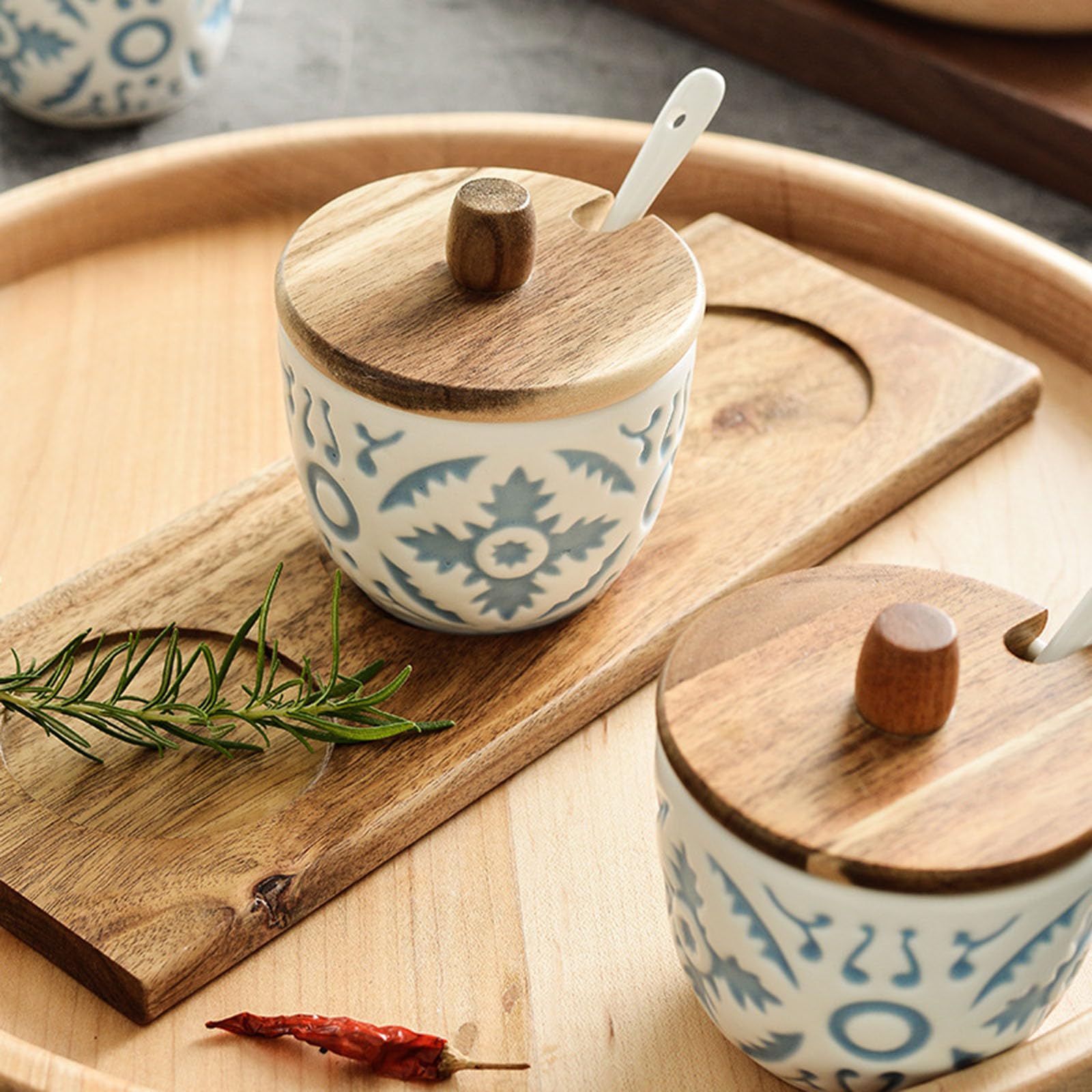 Contenitore per Spezie Barattolo in Ceramica con Coperchio Legno A Cucchiaio, di Sale Zuccheriera Stoccaggio Cucina Home Restaurant Cafe,A