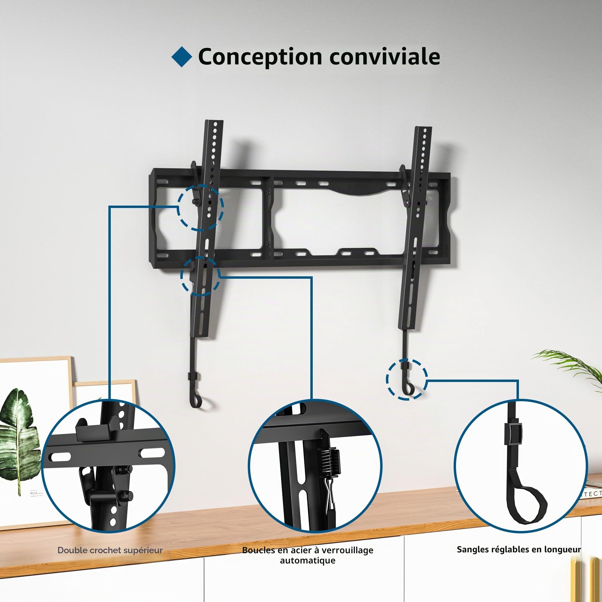 BONTEC Support Mural TV 17-86 Pouces, Fixation Murale Inclinable jusqu'à 75 kg, Compatible VESA 75x75 à 600x400mm, Support TV Mural Orientable avec Niveau à Bulle et Attaches de Câble Inclus