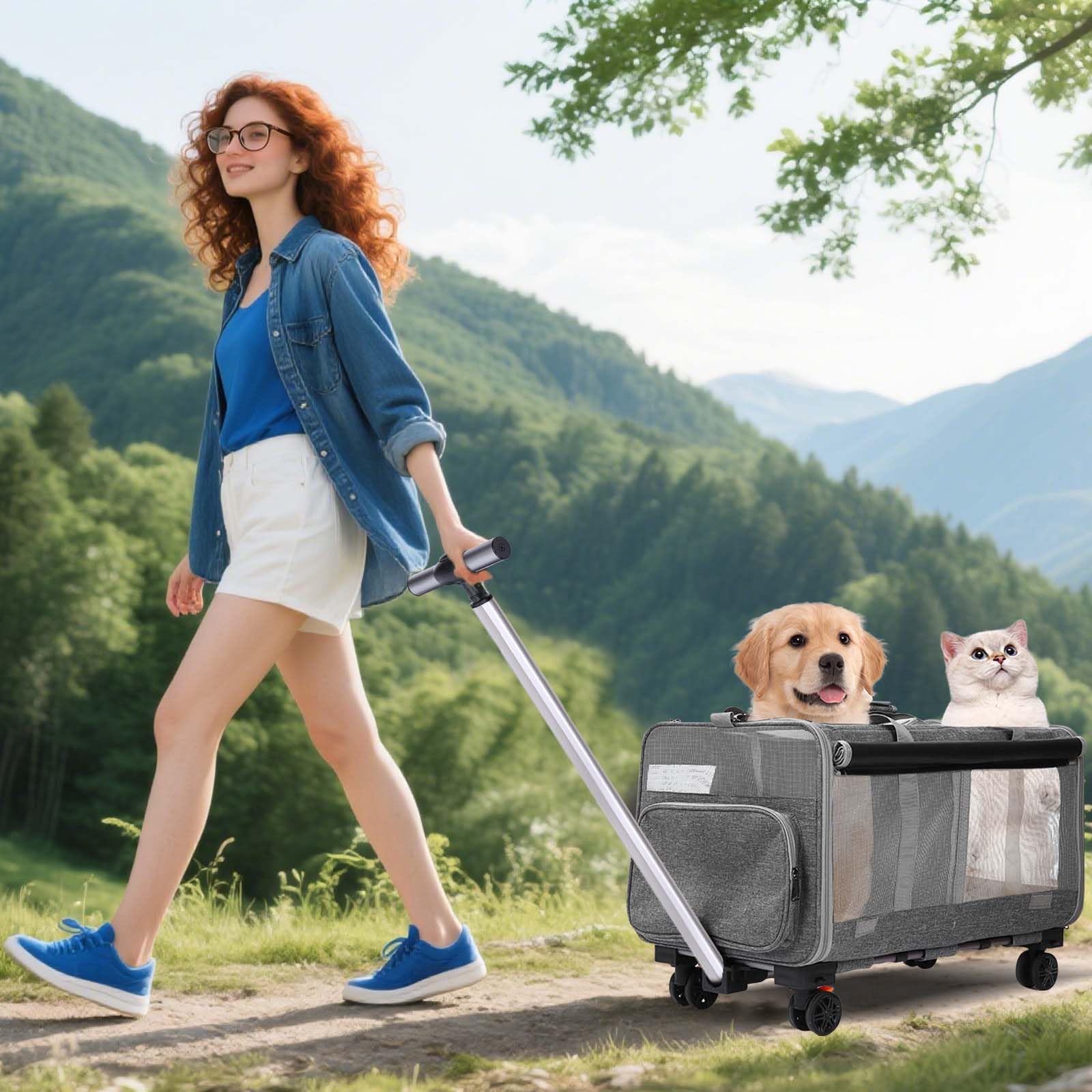 PETCUTE Transportín para Mascotas con Ruedas y Dos Compartimentos,Carga de 17,5 kg,Transportin Gatos Perros con Guinzaglio di Sicurezza,Transportador Plegable para 2 Gatos,para Paseo/Camping,Gris