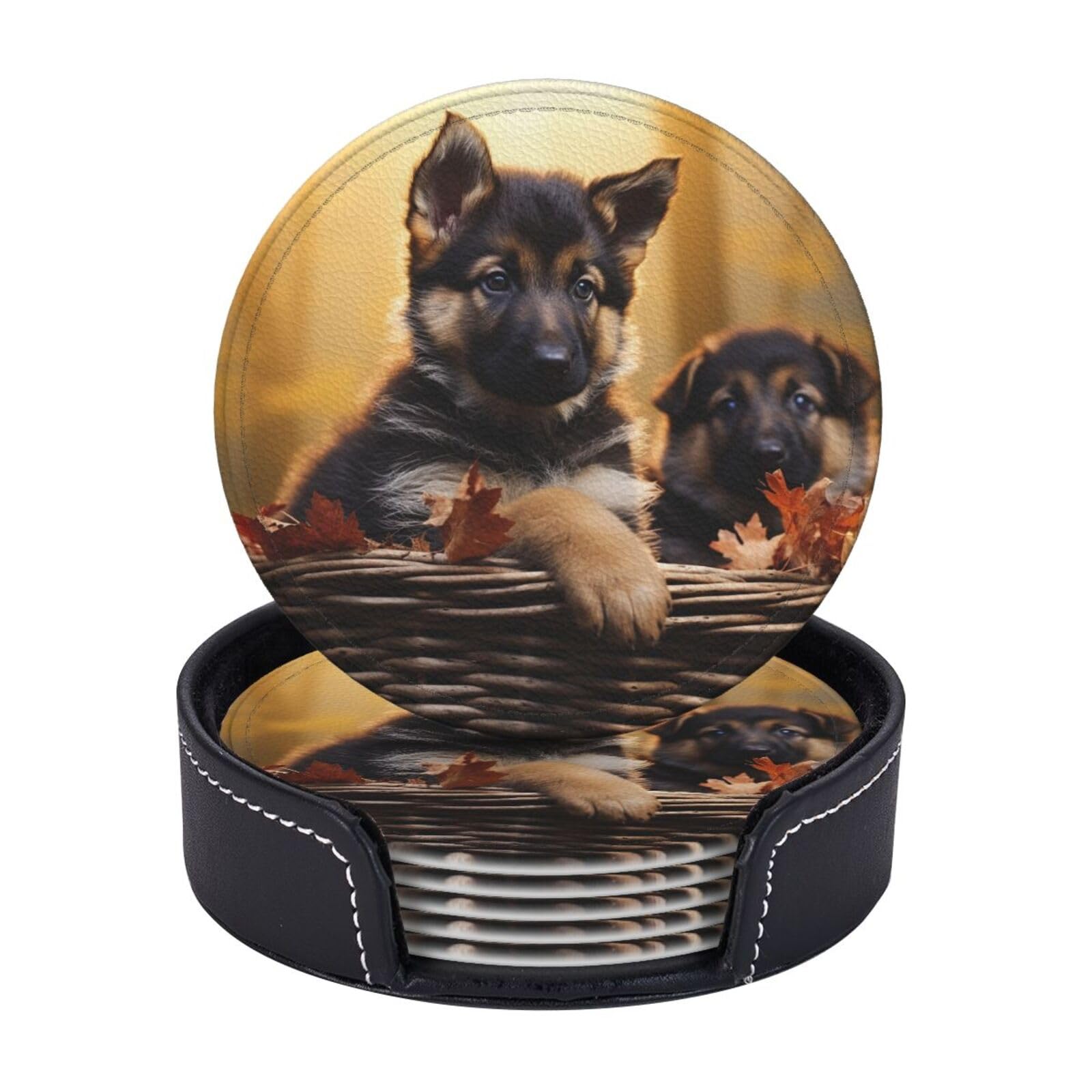 6Pcs PU Leather Coaster for Drinks, Little German Shepherd Dog Cup Coasters with Holder, Aesthetic Drink Coasters for Coffee Table, Round Coaster for Tabletop Protection 4" Cup Mat Pad