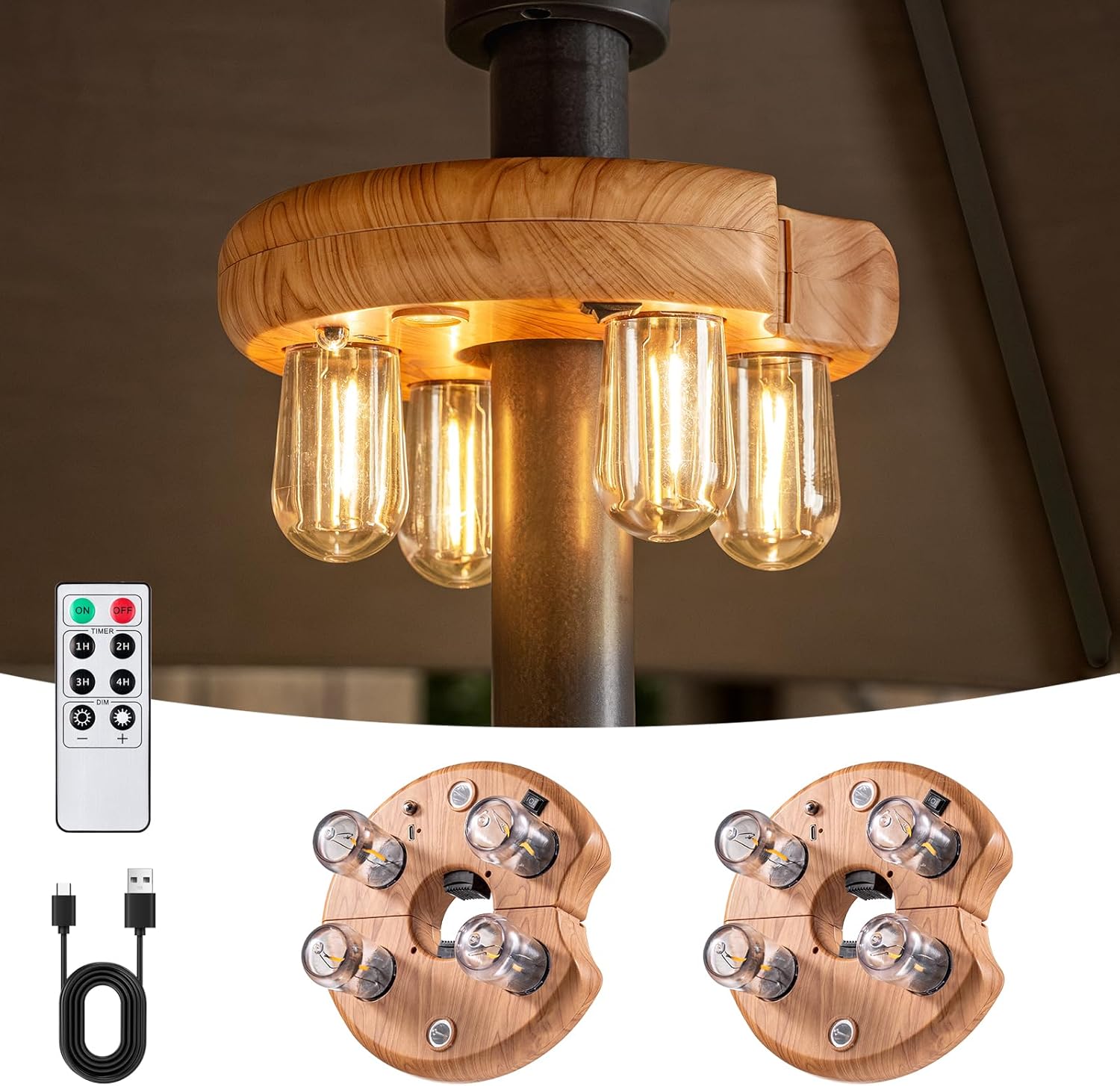 Wood Grain Patio Umbrella Light with Remote Control, Rechargeable Cordless LED Edison Bulbs Pole Light with 10 Brightness Levels for Garden, Patio, Backyard, Camping or BBQ (2 Pack)