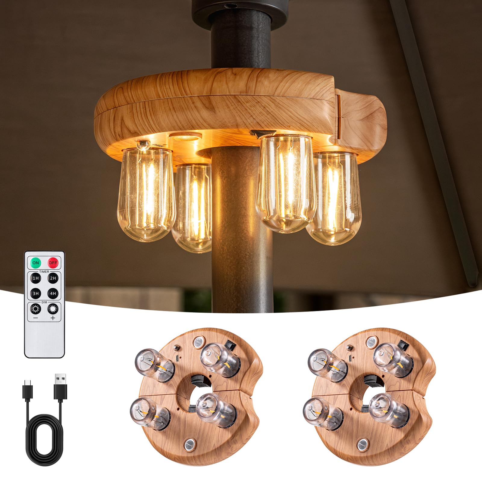 Wood Grain Patio Umbrella Light with Remote Control, Rechargeable Cordless LED Edison Bulbs Pole Light with 10 Brightness Levels for Garden, Patio, Backyard, Camping or BBQ (2 Pack)