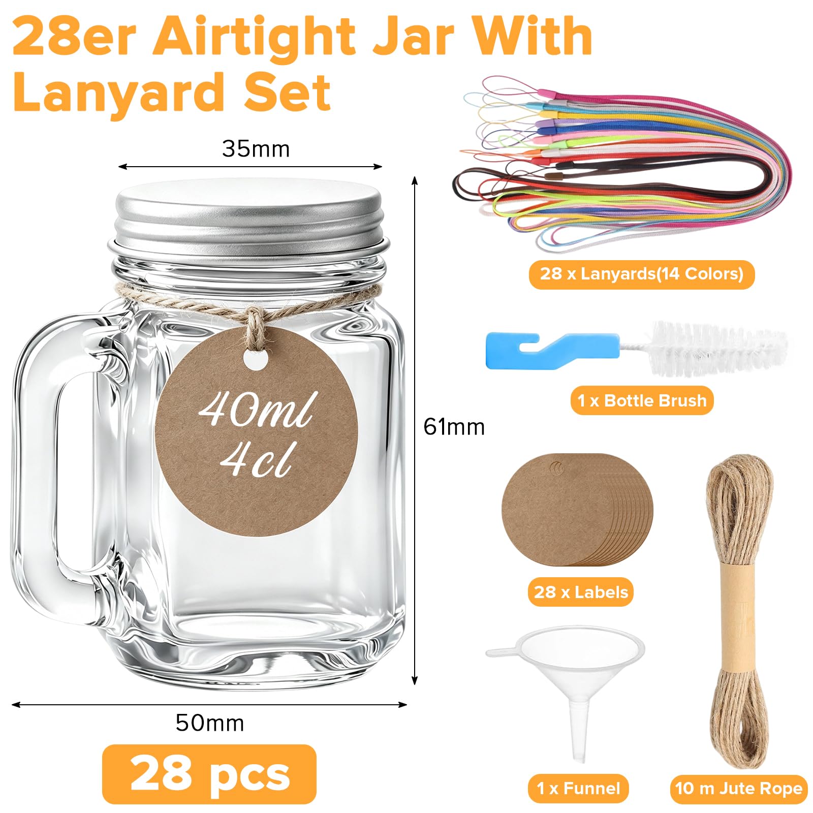 Mssushi Lot de 28 Verre a Shot Mason Jar avec Anse 40 ml, Petite Bouteille en Verre avec Couvercles à Visser, Mini Verres à Liqueur avec Couvercle, avec 28 Lanière pour Shot Ginger, Vodka, Tequila