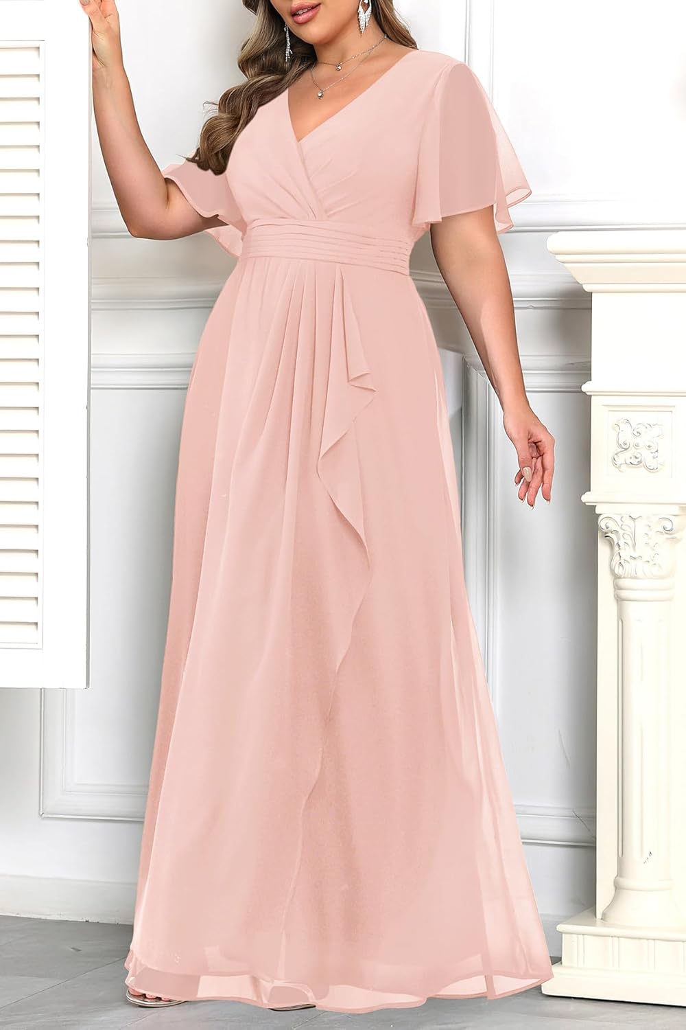 plus size formal dresses - wedding guest bridesmaid evening prom chiffon v neck ruffle short sleeves long dress women light pink 20 plus
